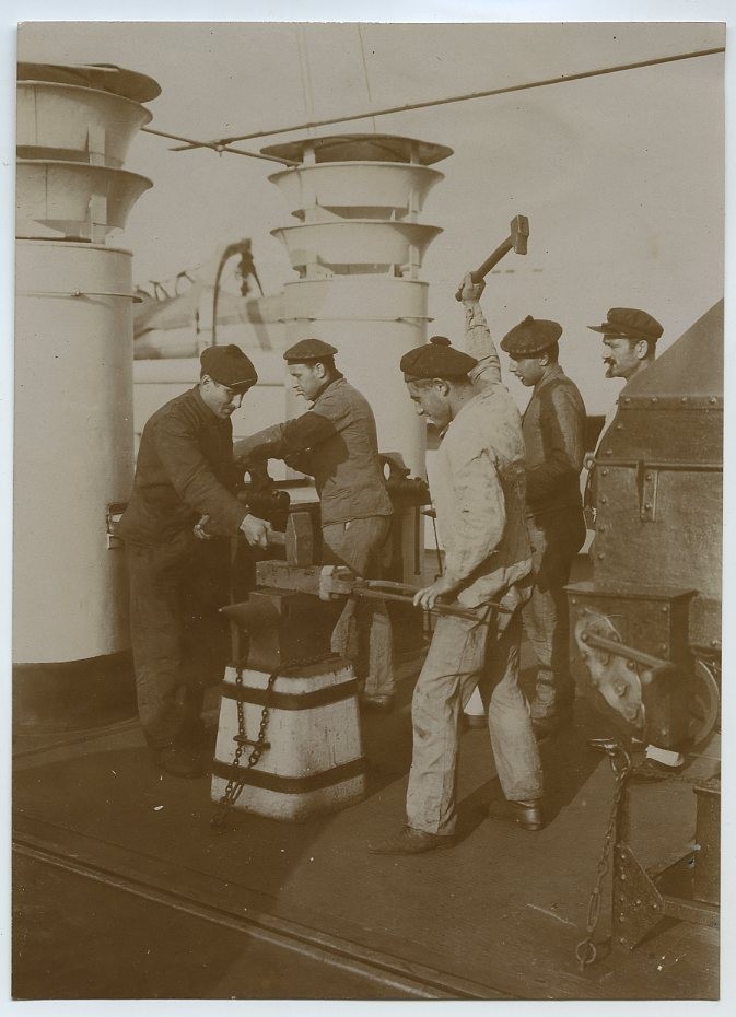 French Sailors Blacksmiths Anvil Ship Deck Chusseau Flaviens c1910s VTG Photo