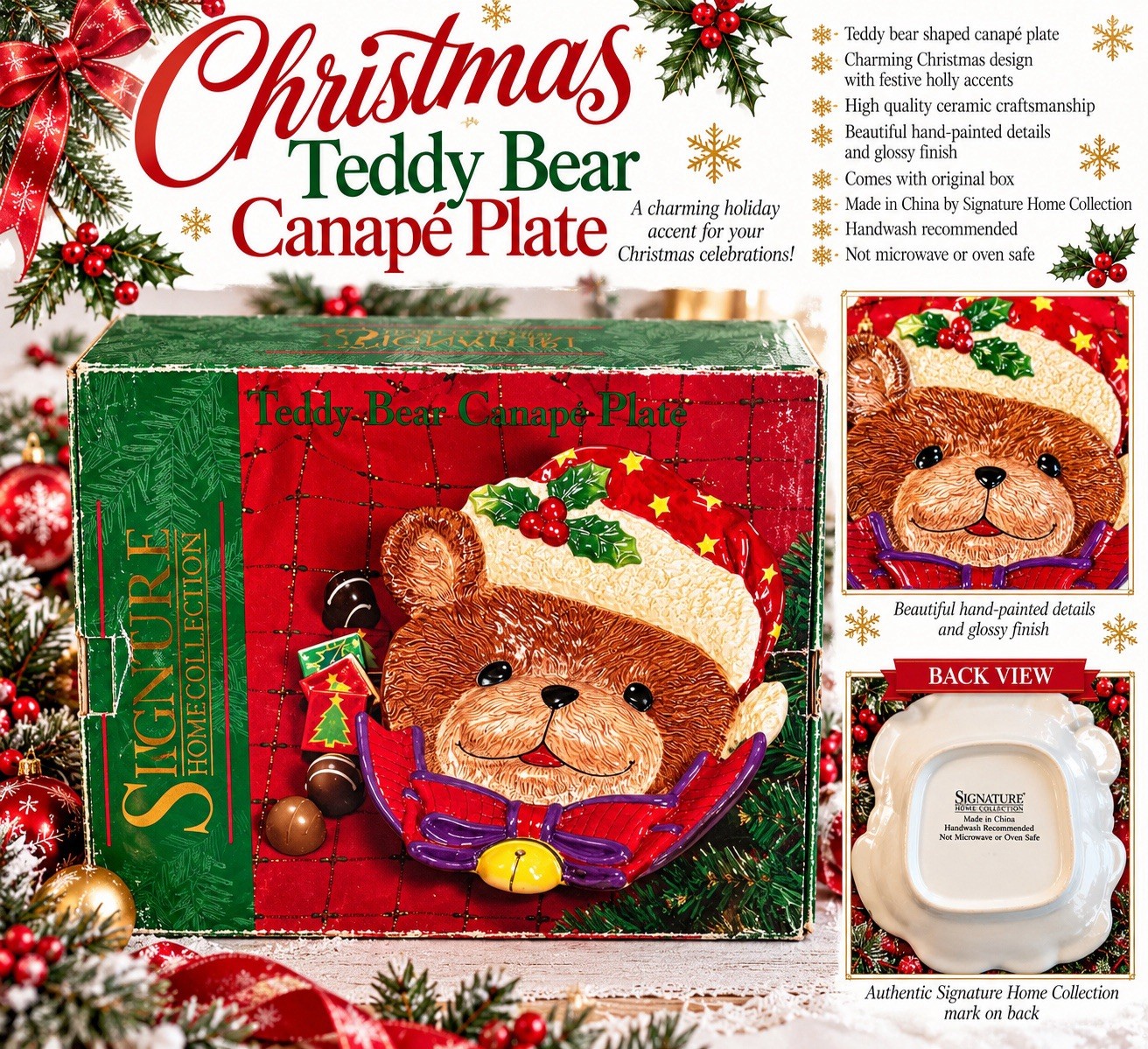 Signature Home Collection Christmas Teddy Bear Canapé Plate with Original Box