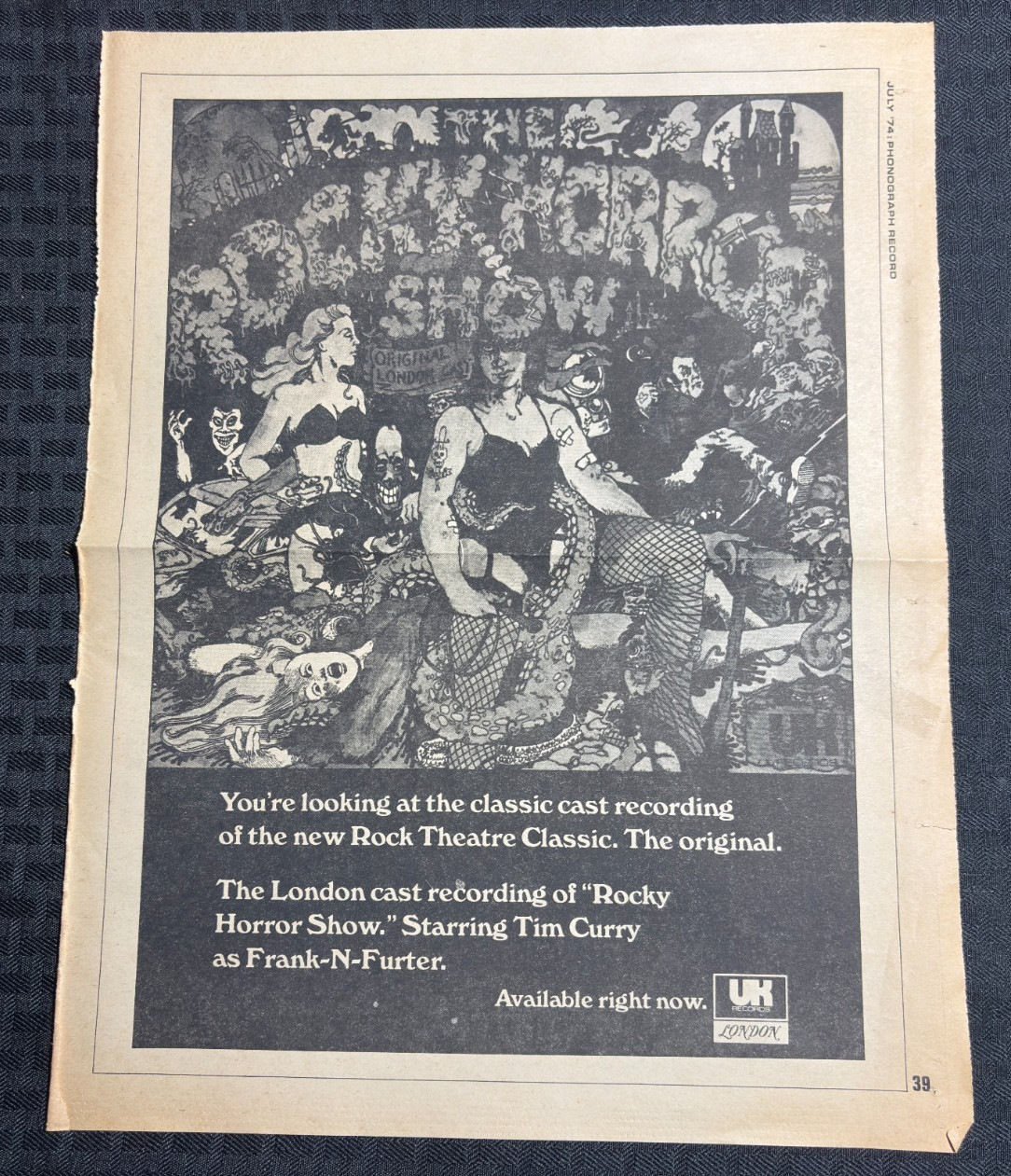 1974 ROCKY HORROR PICTURE SHOW 11.5x14.5 Print Ad VG+ 4.5 Classic Cast Recording