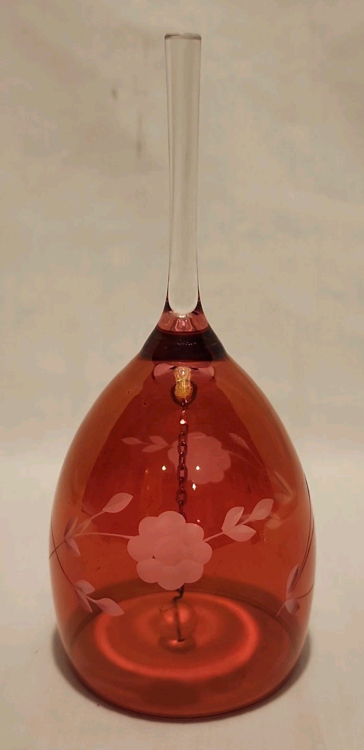 Vintage Etched Cranberry Flash Glass Bell 6.5\