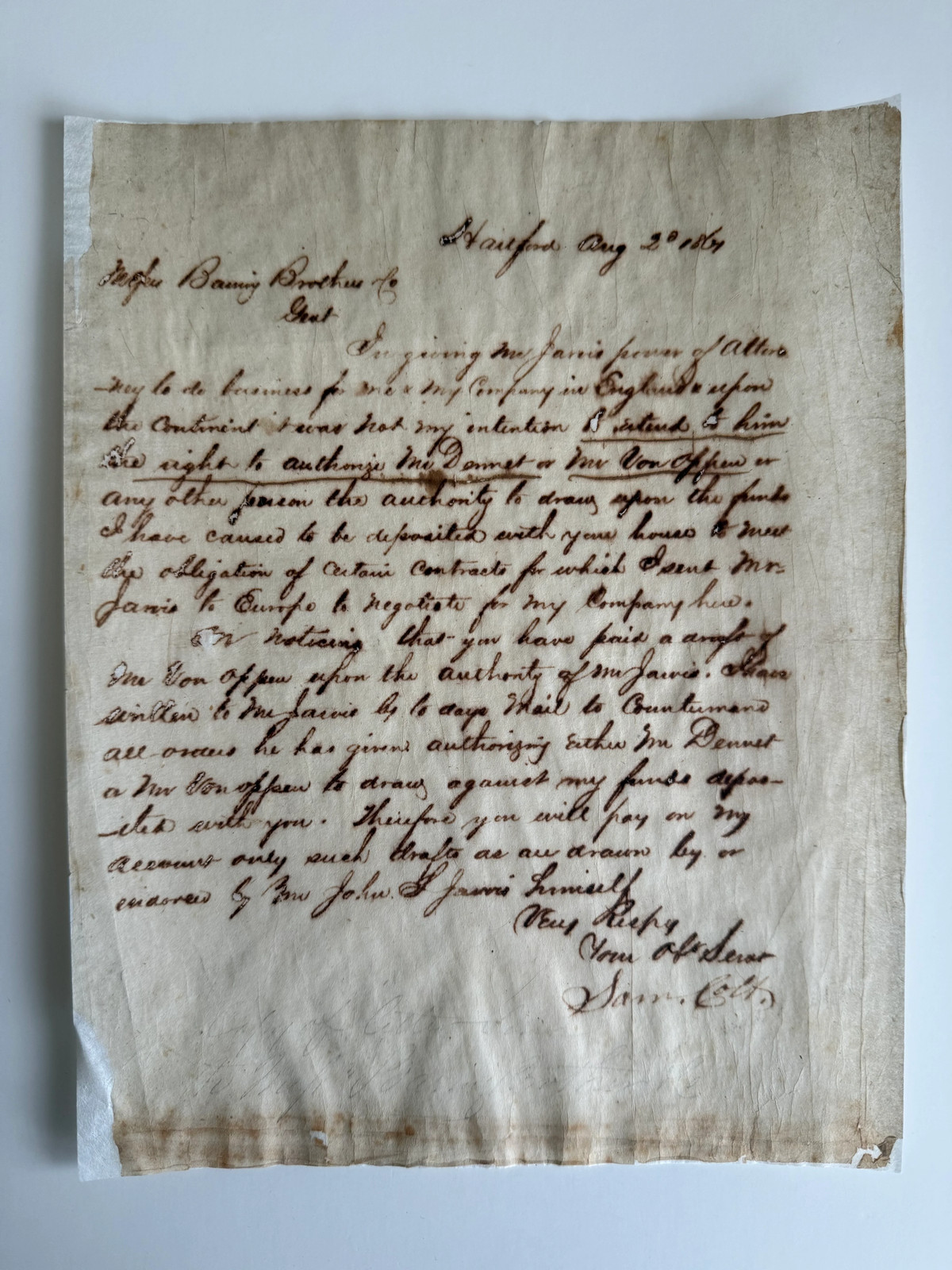 Samuel Colt Autograph Letter Signed – Hartford, Connecticut – August 3, 1861