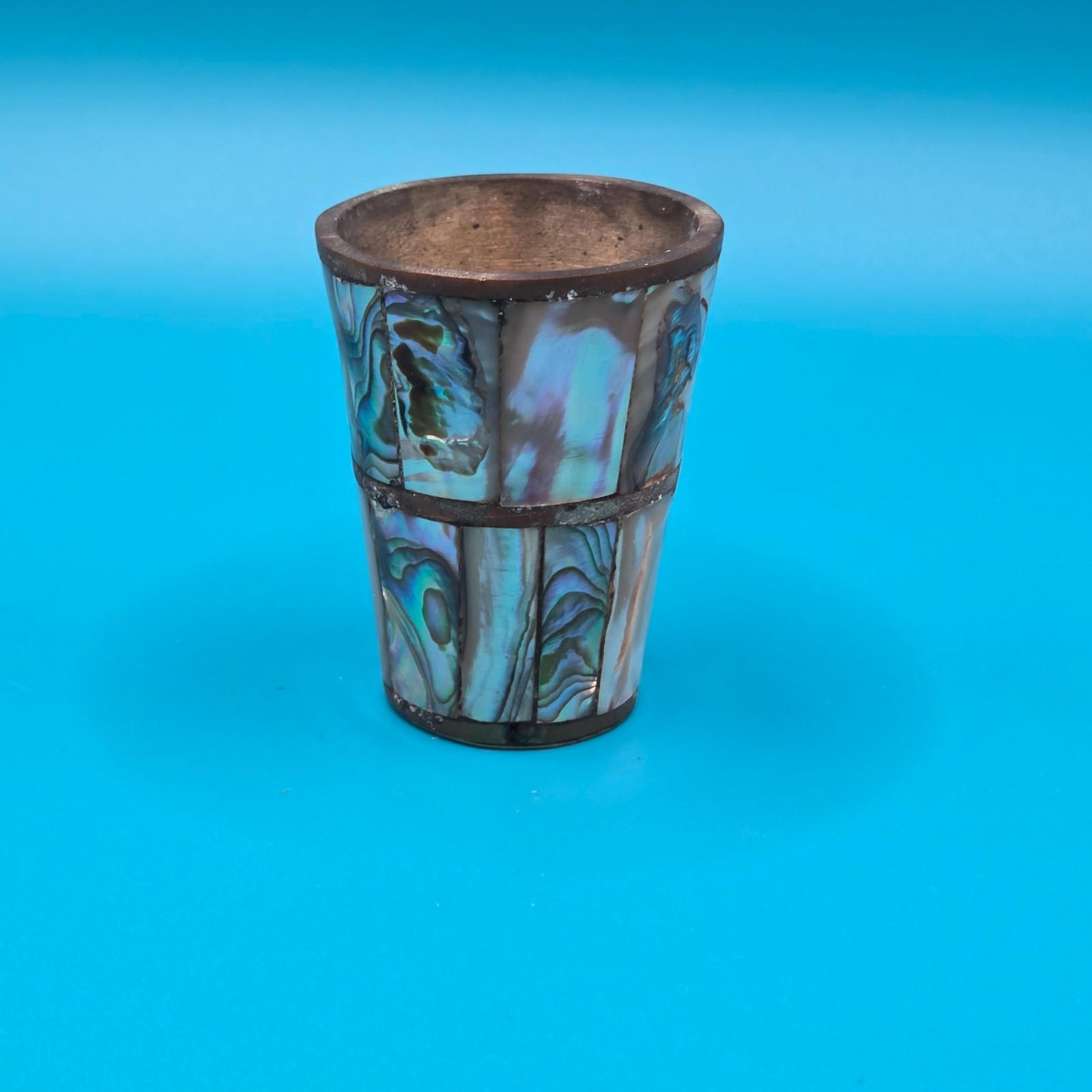 VTG Mexican Laton Plateado Brass Abalone Inlay Shot Glass Mexico Cordial Cup