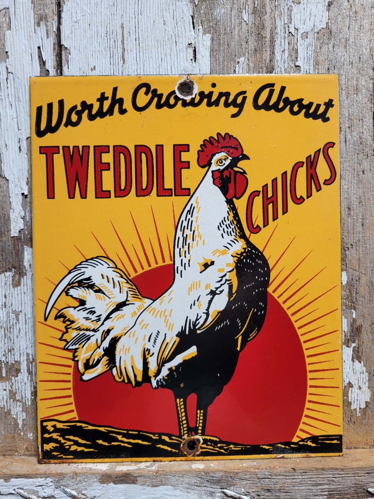 VINTAGE TWEDDLE CHICKS PORCELAIN SIGN RARE OLD CHICKEN ROOSTER FARM FEED BARN