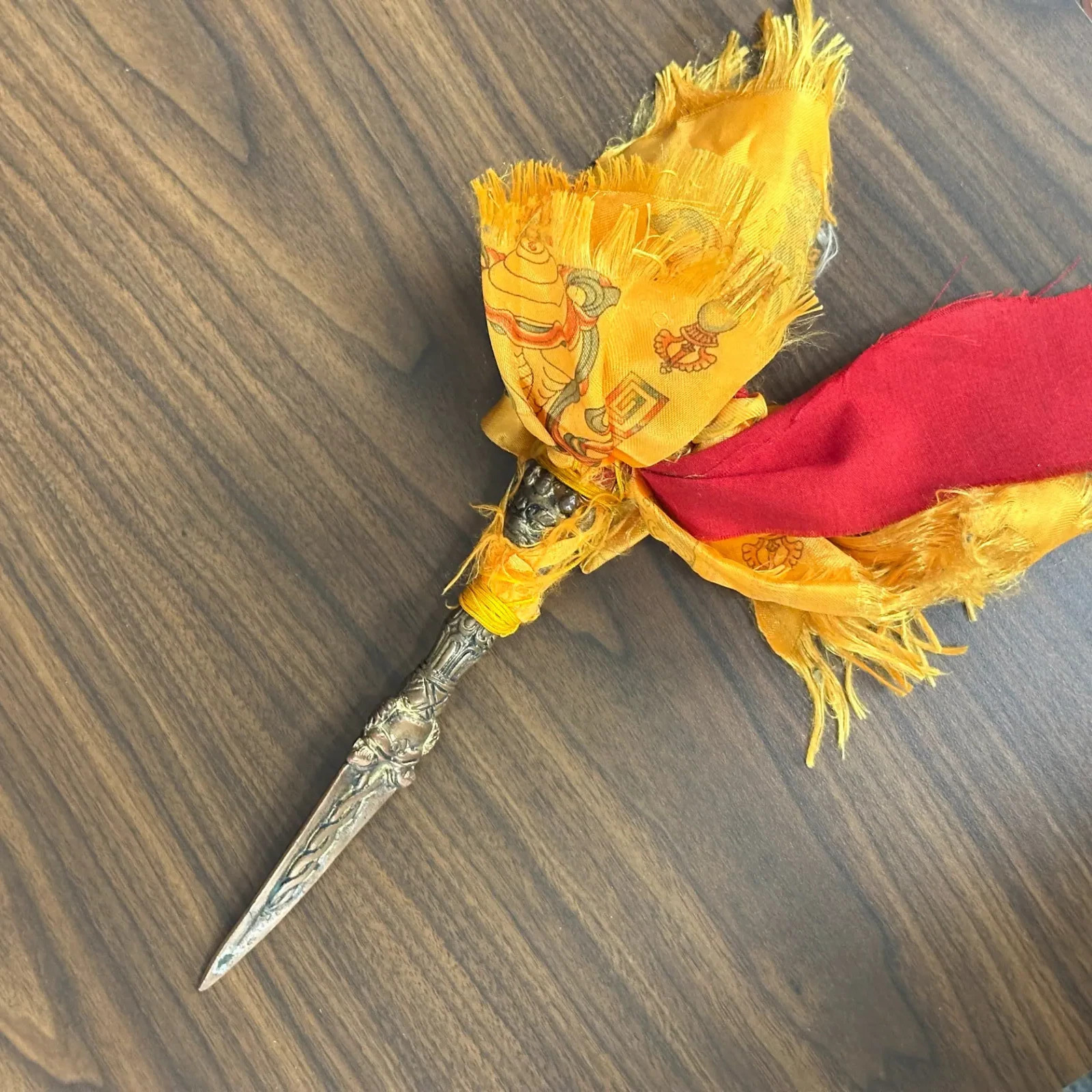 Tibetan Buddhist Phurba Ritual Dagger Three Face Deity Head Metal Cloth Wrap