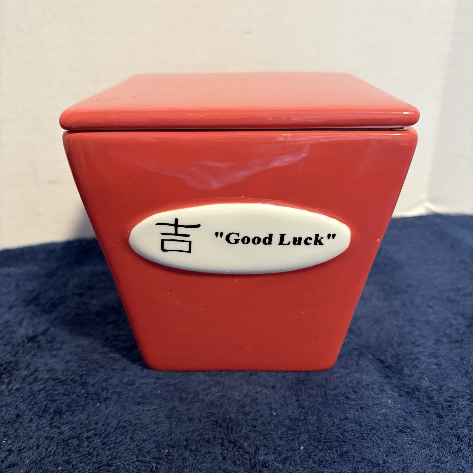 Vtg WCL 5” Ceramic Red Take Out Chinese Asian Food Takeout Box “Good Luck” Decor