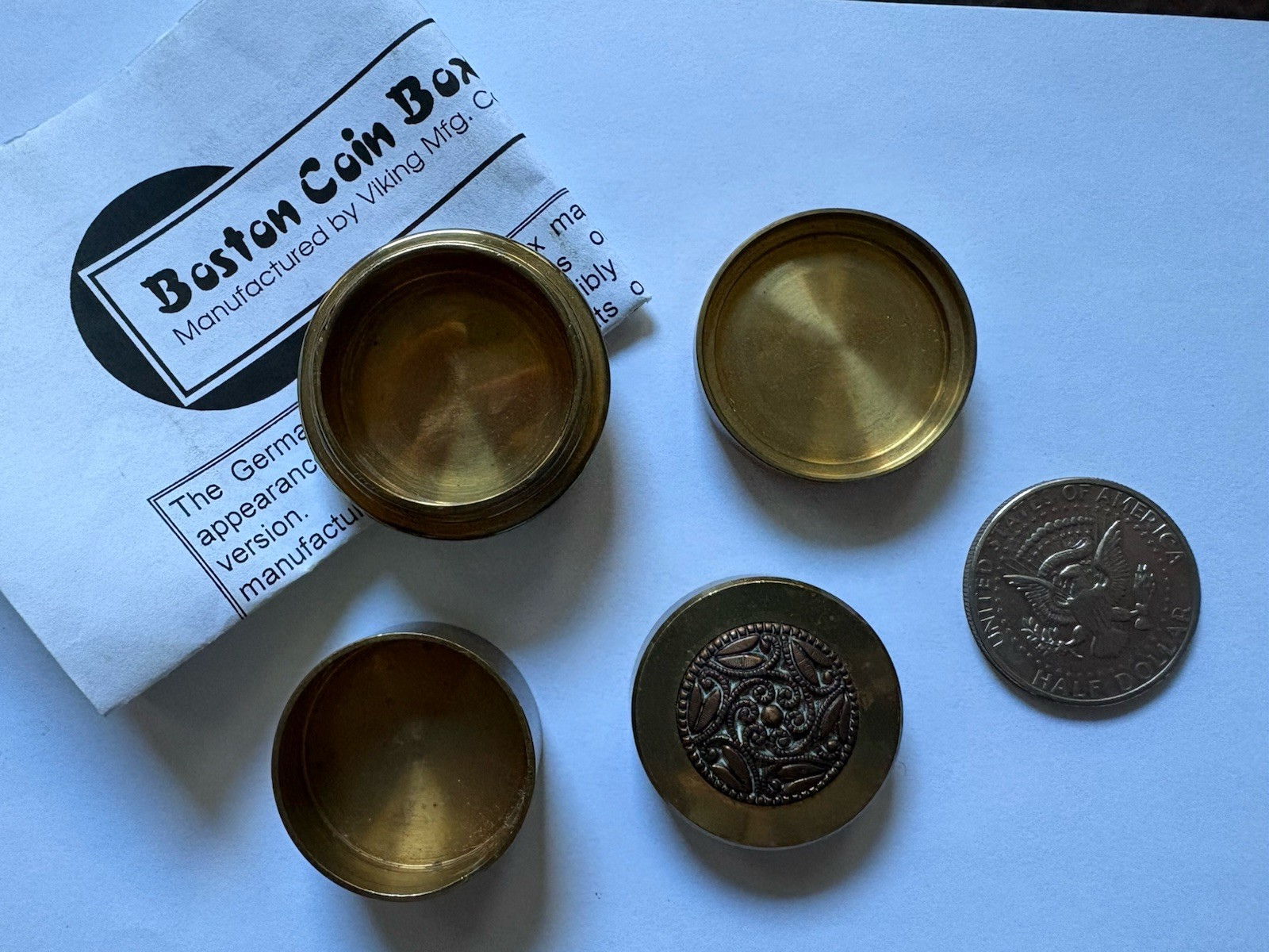 Vintage Brass Boston / Okito Box Half Dollar Set- Close-Up Magic Trick Coin