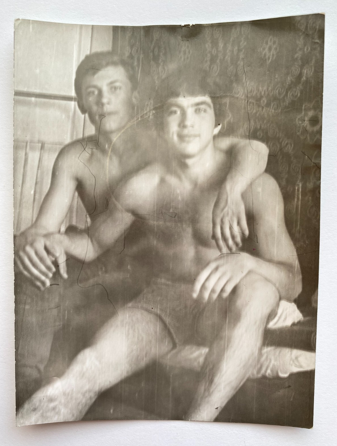 Handsome guys hugs naked torso affectionate young men gay interest Vintage Photo