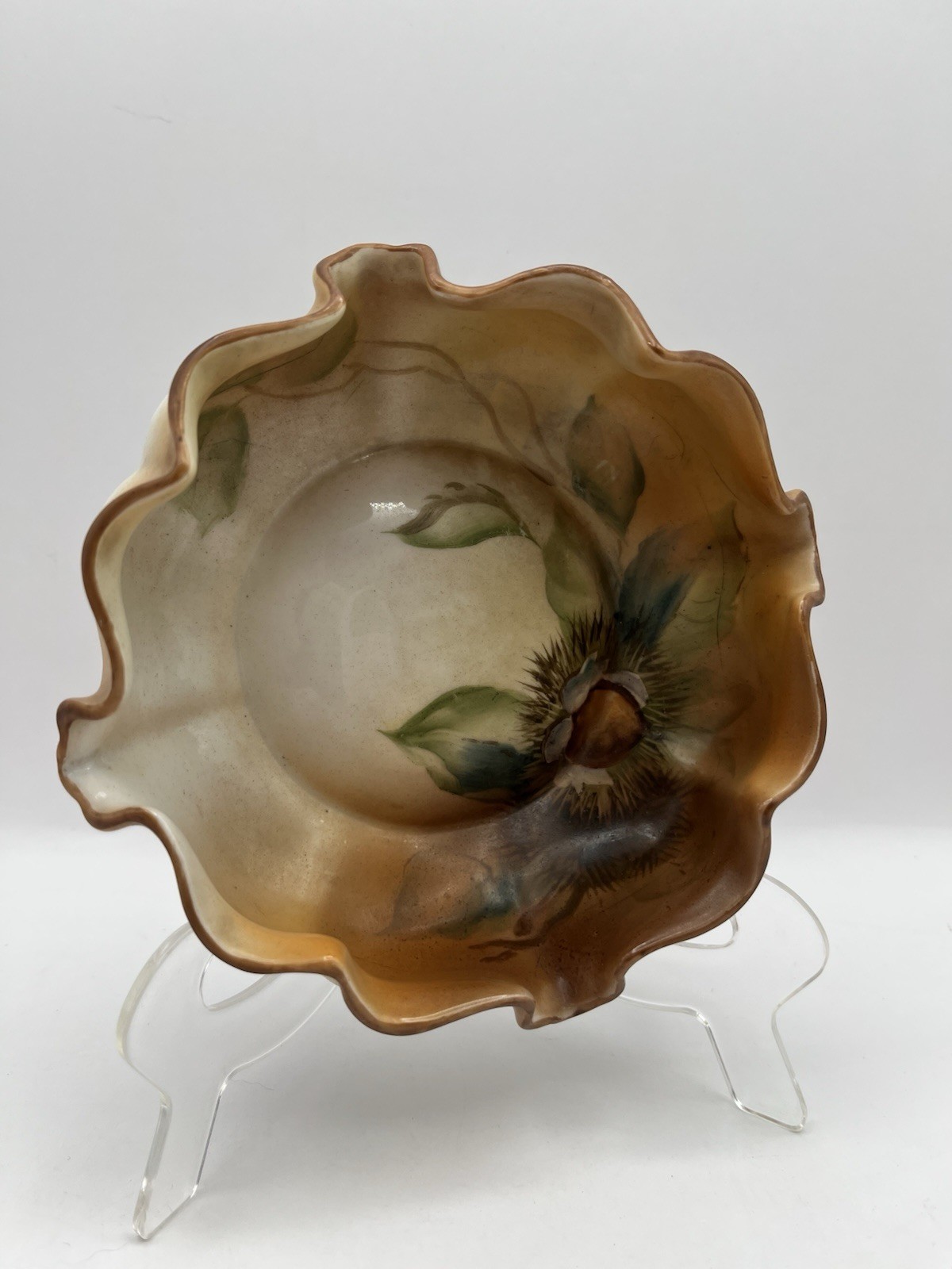 Antique Nippon Ruffled Dish Hand Painted Chestnut & Leaves Nut Dish Decor