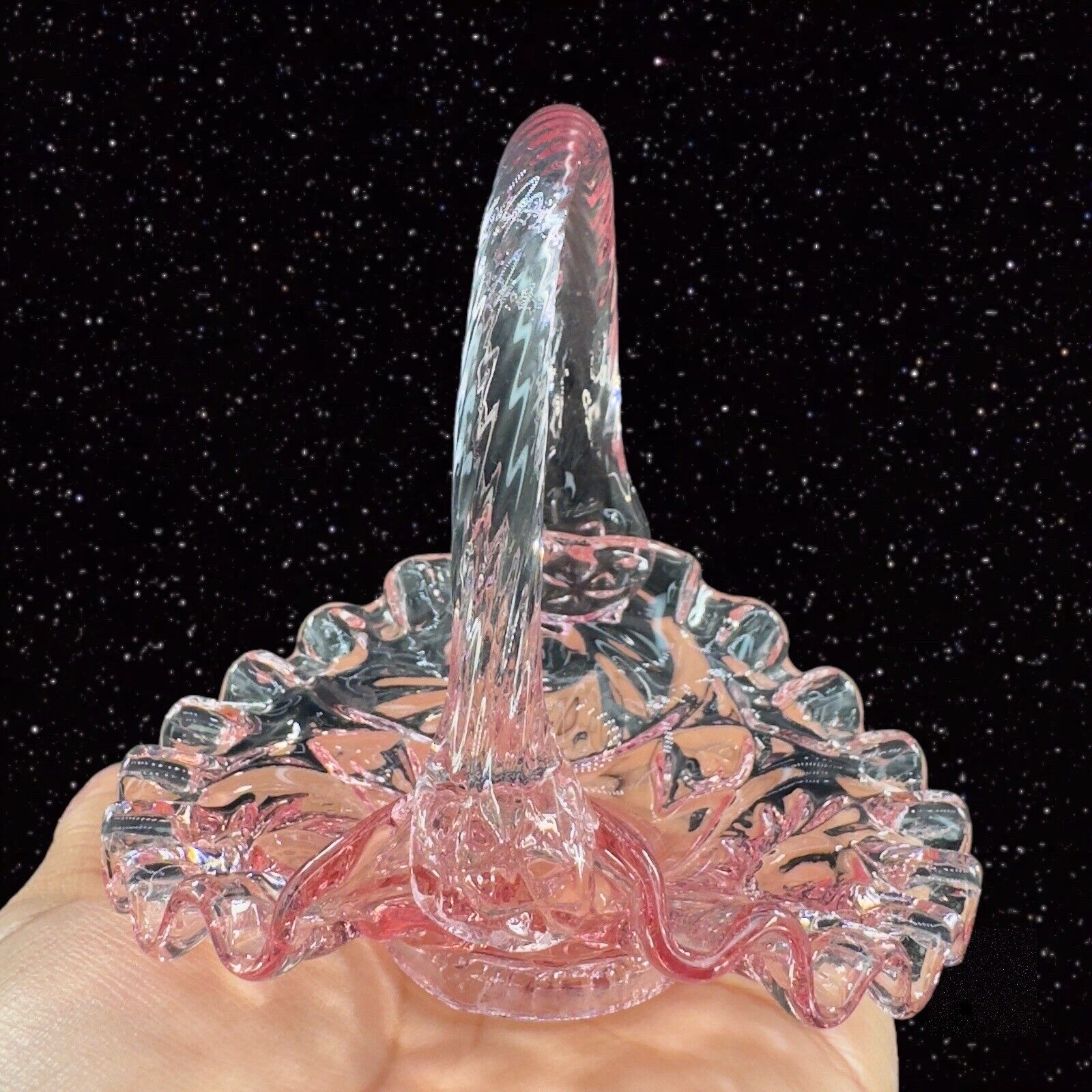 Fenton Light Transparent Pink Art Glass Basket Twisted Handle Miniature Glass