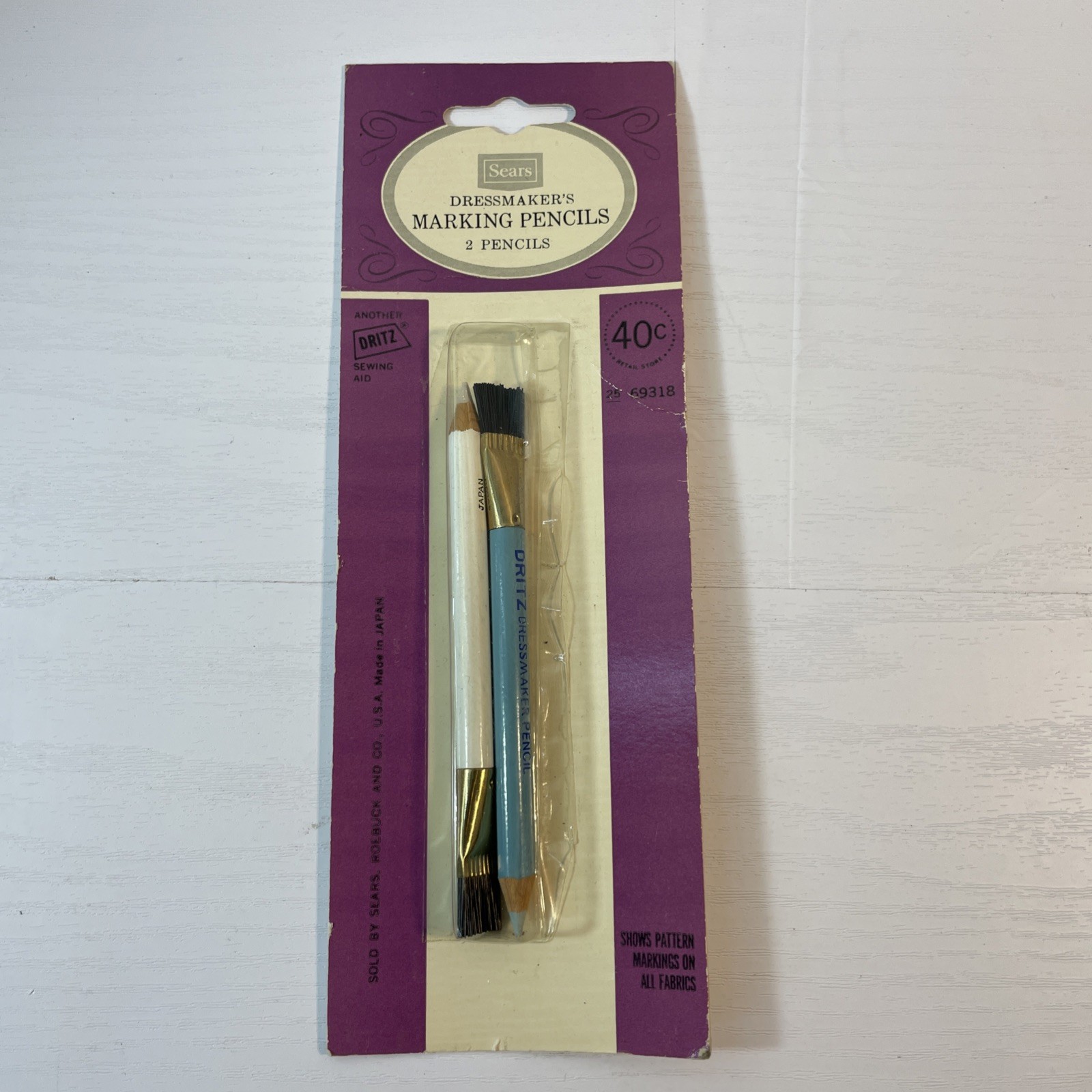 Vintage 1960s Sears Dritz Dressmaker Marking Pencils  2 Fabric Chalk Brush Japan