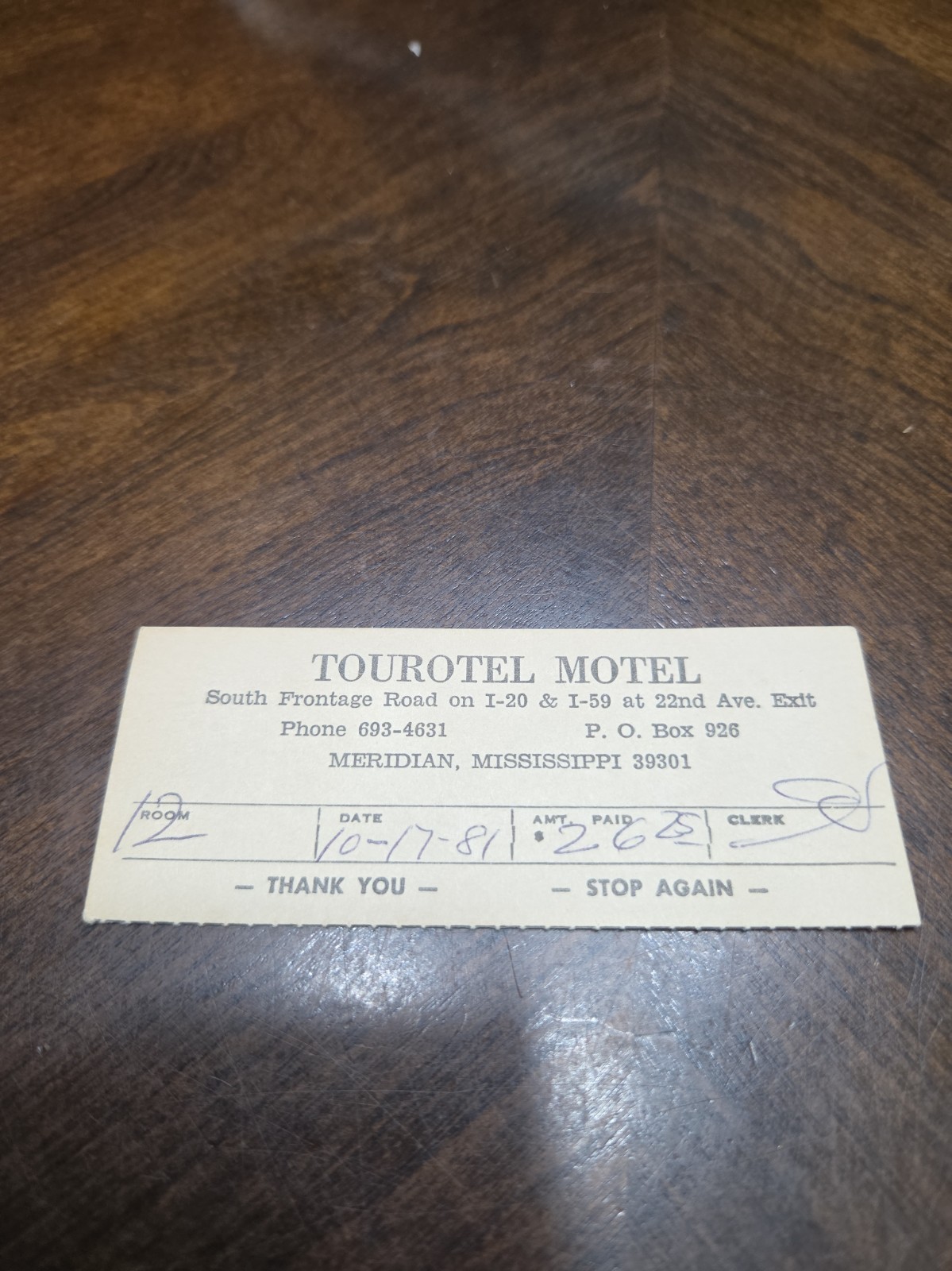 Vintage 1981 Tourotel Motel Receipt Meridian Mississippi
