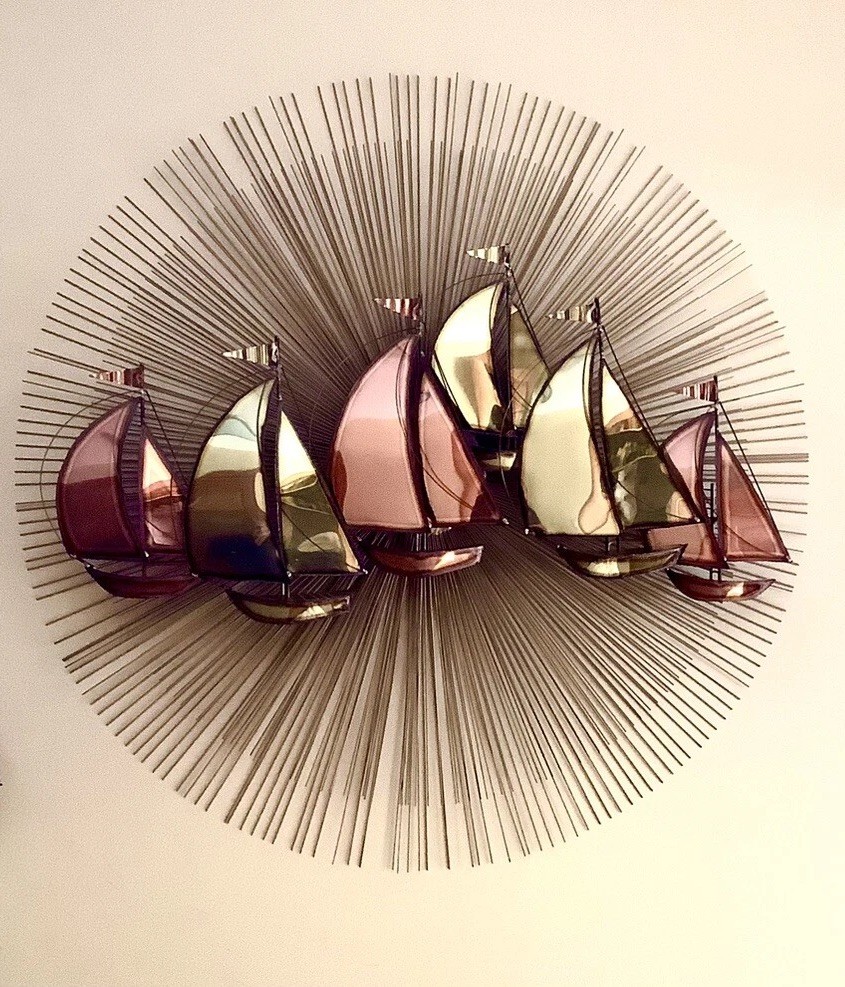 Midcentury Modern VTG Brutalist Brass Sunburst Starburst Sailboat Wall Sculpture