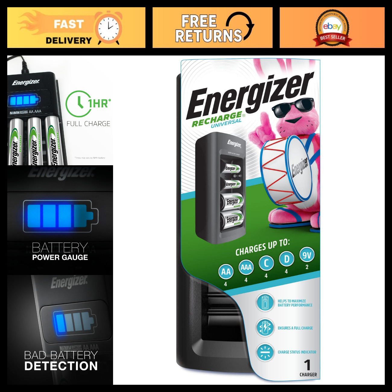 Energizer Recharge Universal Charger for NiMH Rechargeable AA, AAA, C, D, and 9V