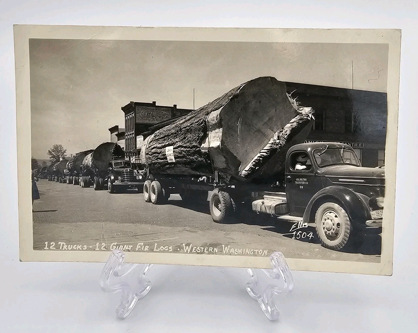 Vintage RPPC Postcard 12 Trucks Giant Fir Logs Arlington WA Logging Ellis