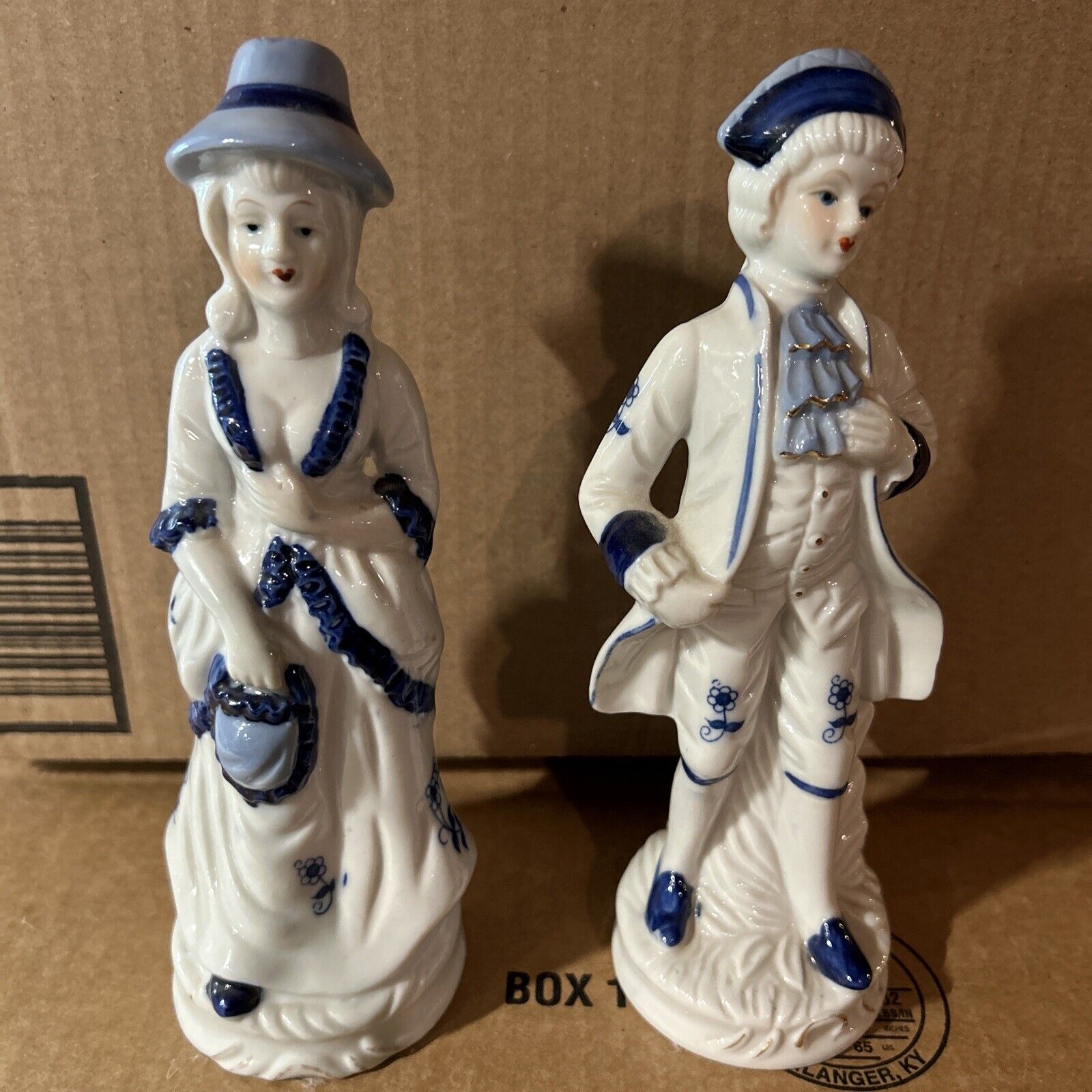 Vintage Victorian Couple Man & Woman Figurines Cobalt Blue and White Porcelain