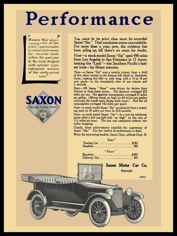 1916 Saxon Motor Car Co. of Detroit Six Model NEW METAL SIGN: 12x16 Ships Free