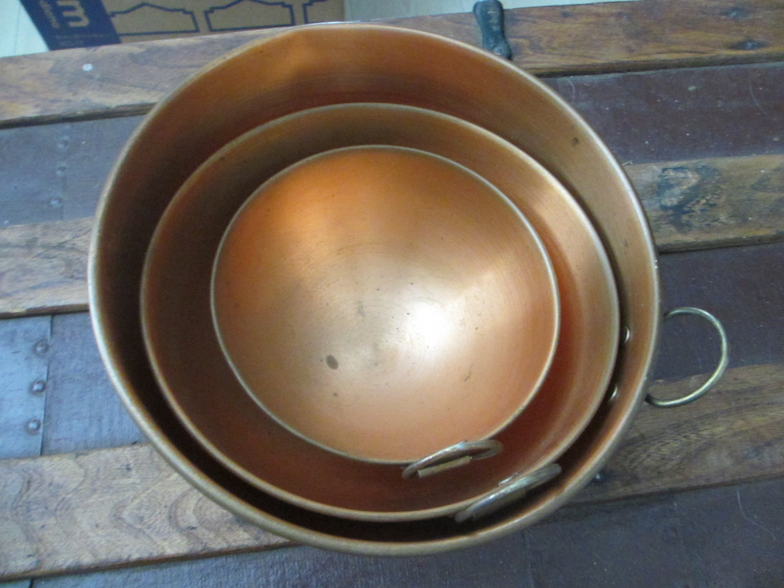 Vintage Copper Mixing Bowls Set Of 3 With Brass finger Loop Handle