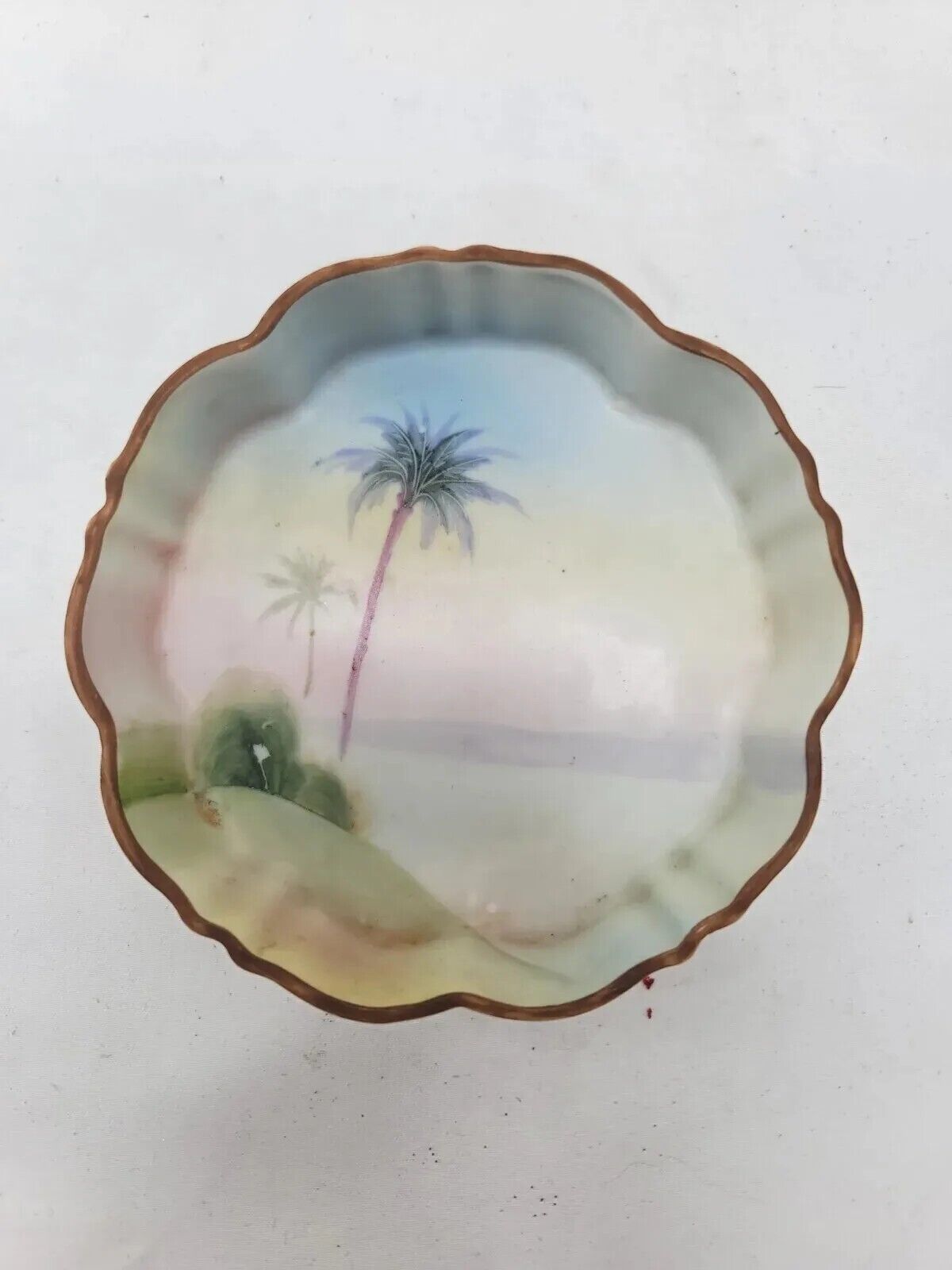 Vintage Nippon Beach Trinket Dish Nut or Candy Handpainted Brown Trim Palm Tree