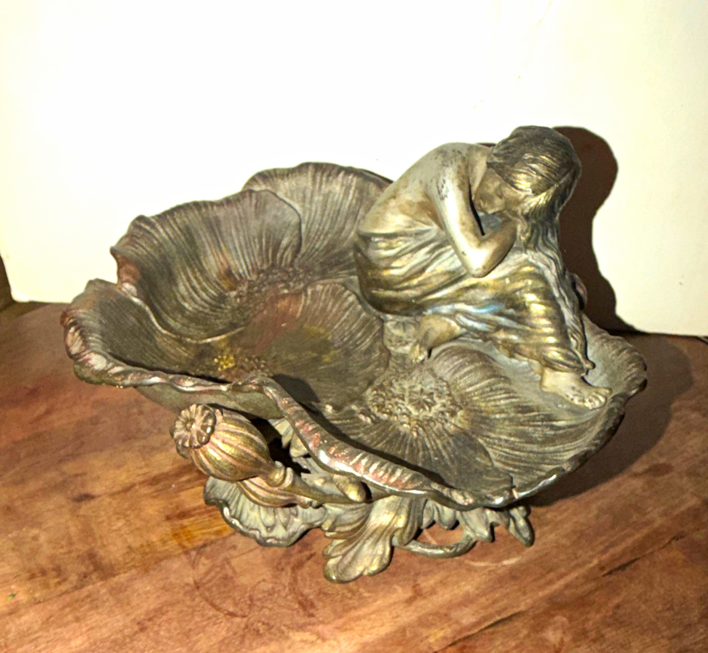 Vintage Bronze Art Nouveau Woman Sleep Figurine in Floral Poppy Bowl Silver Tone