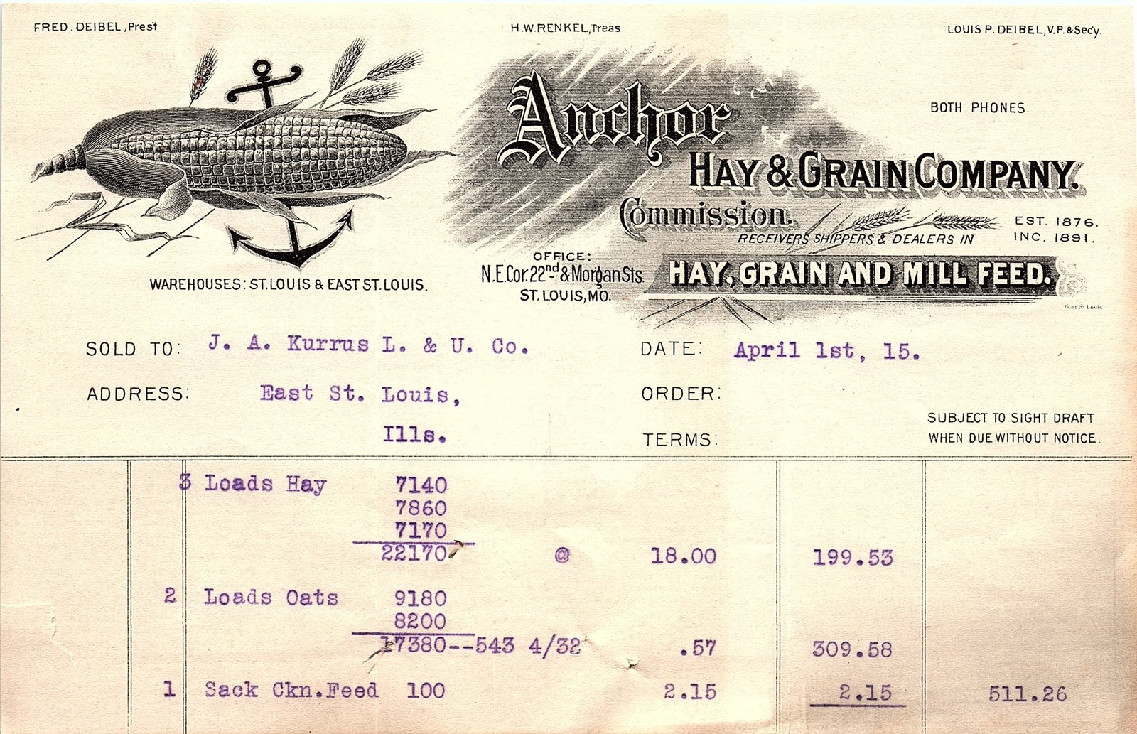 1915 St. Louis Anchor Hay & Grain Co. billhead w/feed sales