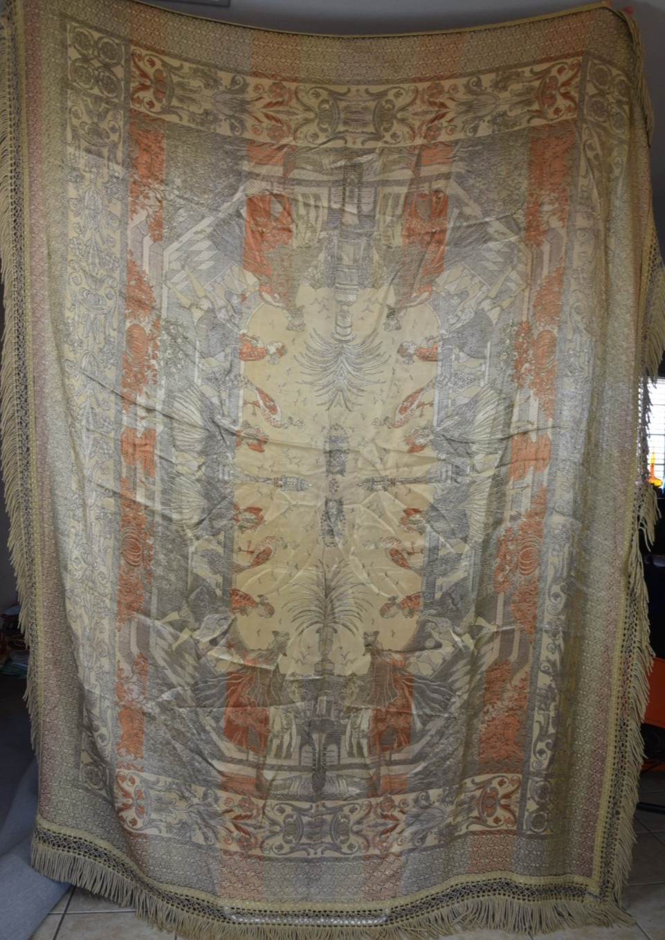 Vintage Jacquard Victorian Dancers Peacocks Fringed Blanket Colonial Art Deco