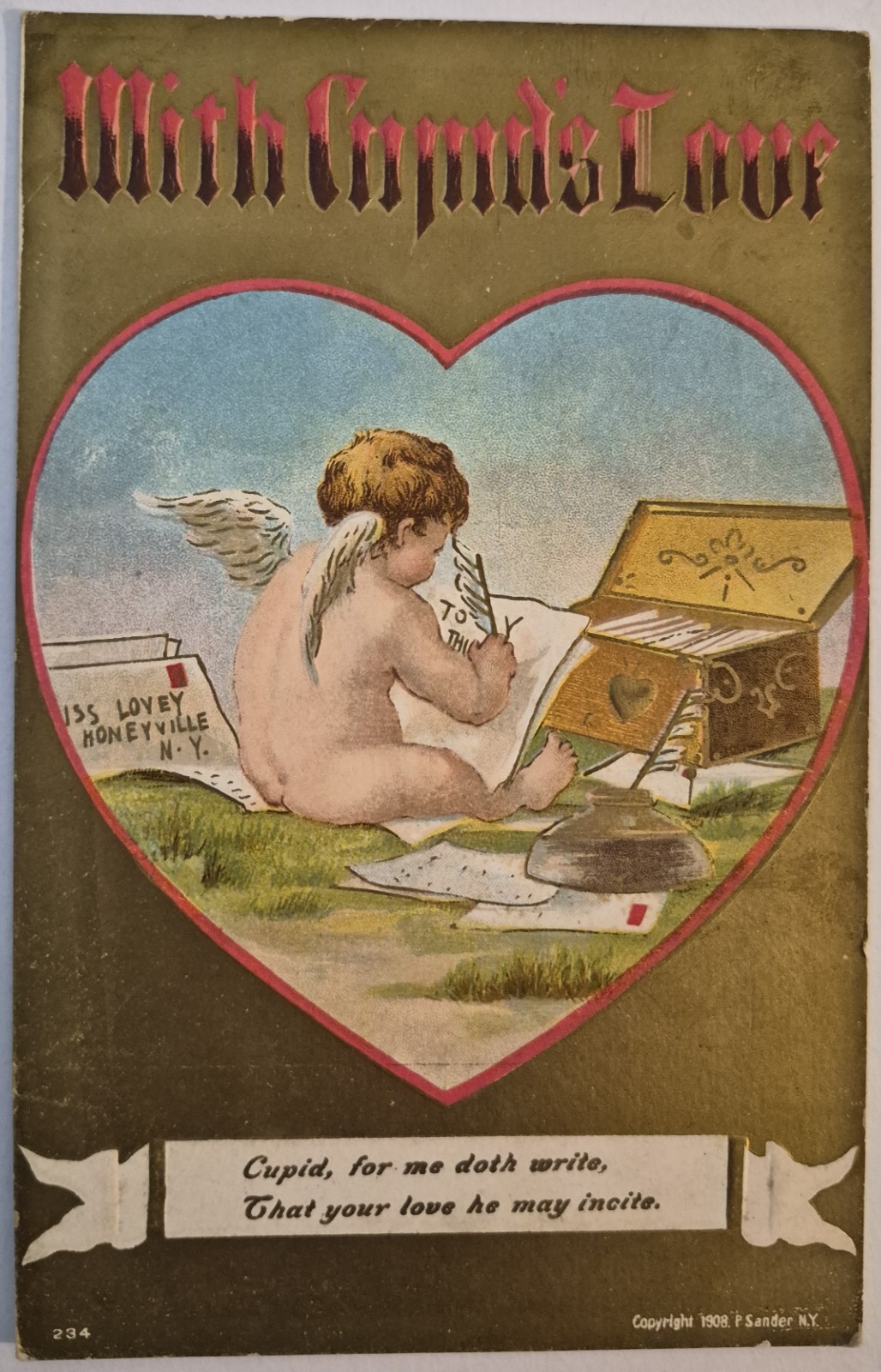 Vintage Postcard Valentine Cupid Writing Love Letters Embossed Gilt  AA108