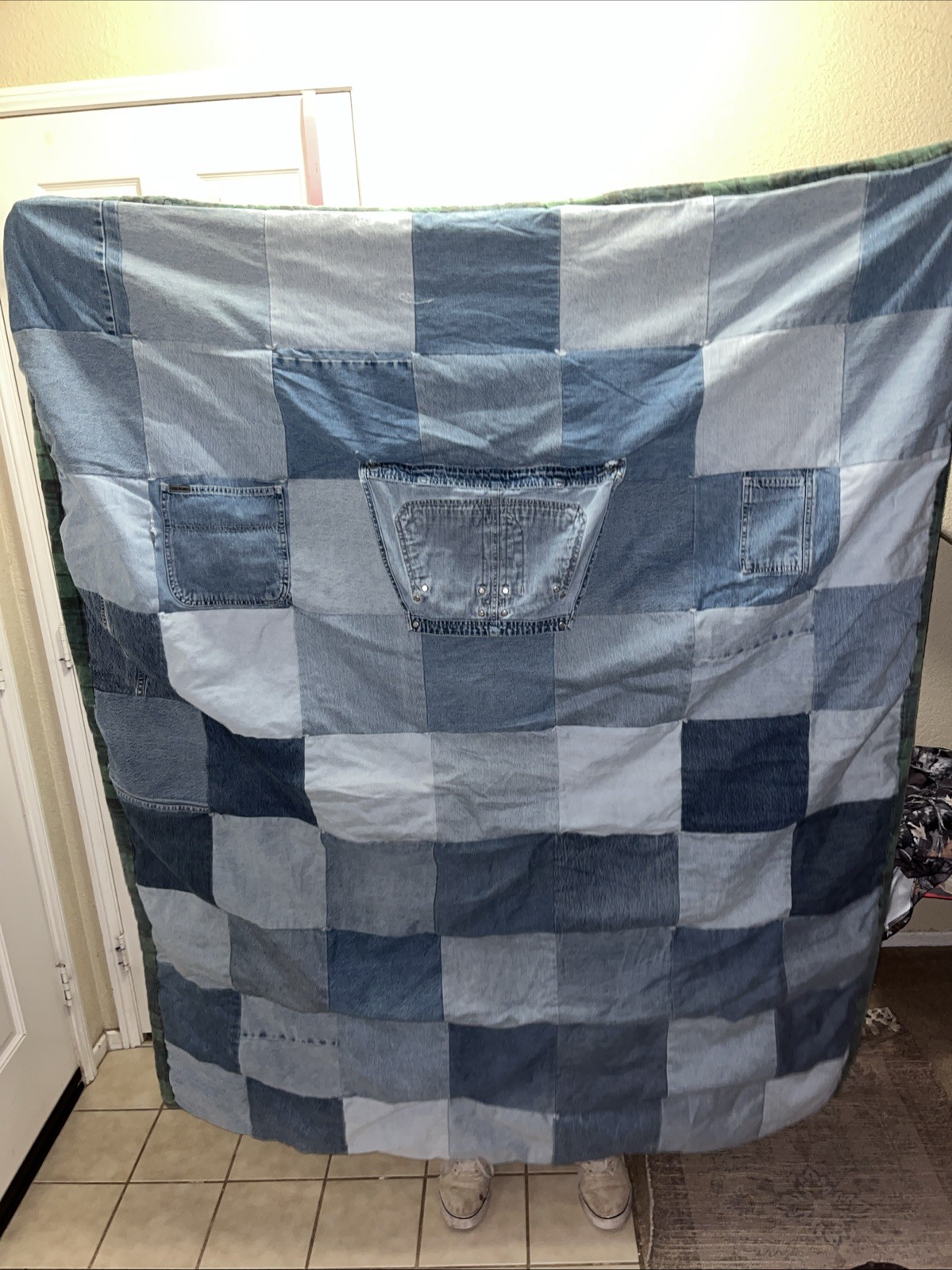 Vtg Denim jean denim Homemade Quilt 71x60 inches Vtg Denim jean denim Homemade Quilt 71x60 inches
