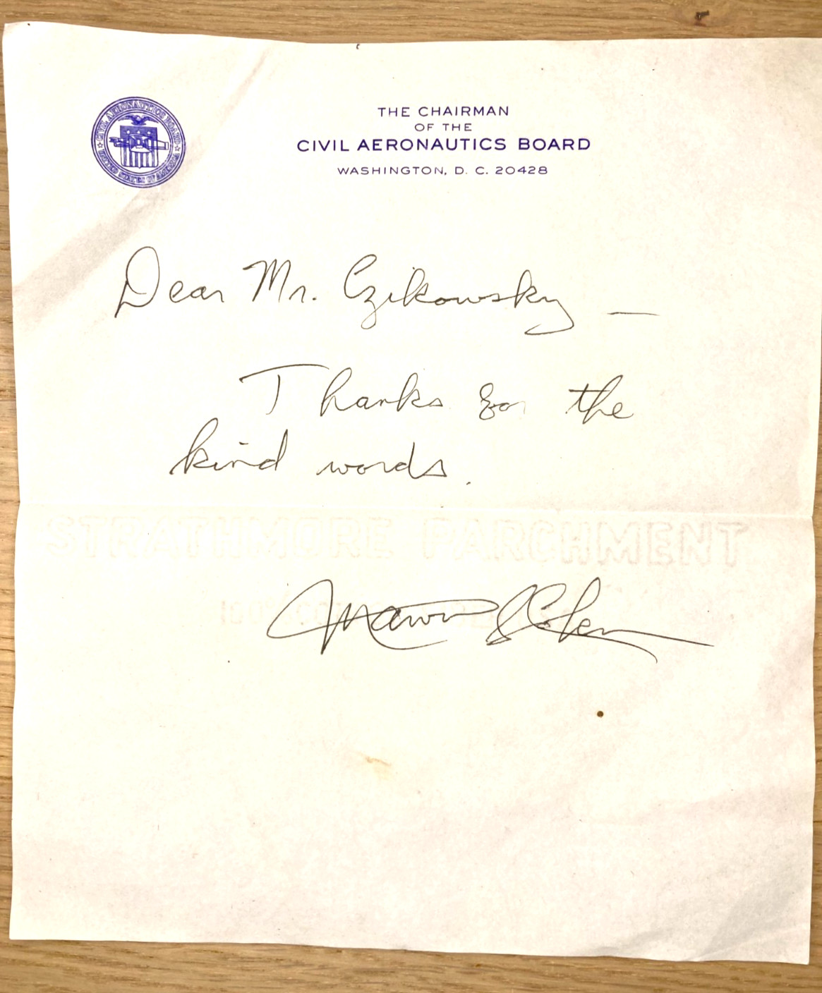 Vtg. Undated The Chairman of the Civil Aeronautics Board Washington DC Memo