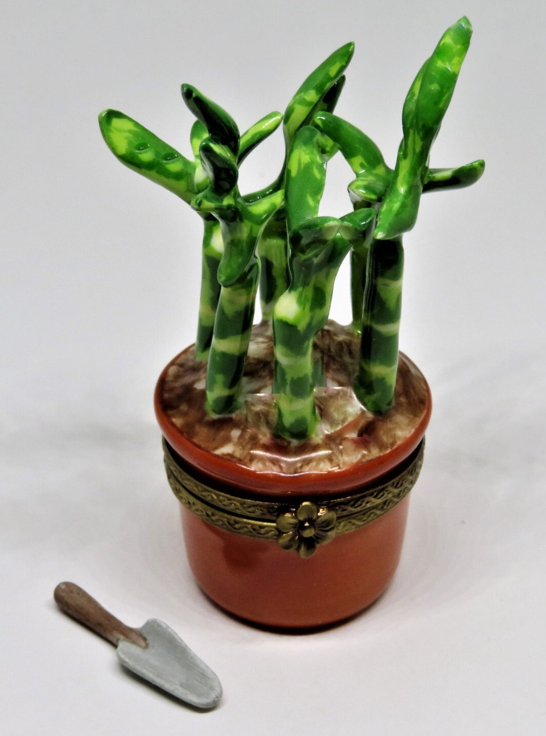 LIMOGES FRANCE BOX - ROCHARD - LUCKY BAMBOO PLANT  & PORCELAIN GARDENING TOOL