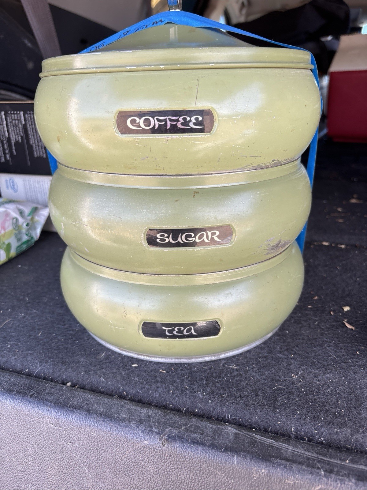 Vintage MCM Lincoln Beautyware Pagoda Rare Avocado Stacking Metal Canisters