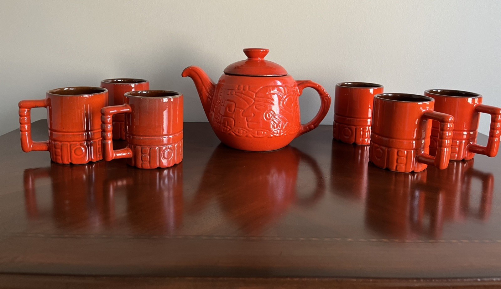 Vtg Frankoma Flame Red Mayan Aztec Teapot 7T & Matching C4 Mugs Set MCM