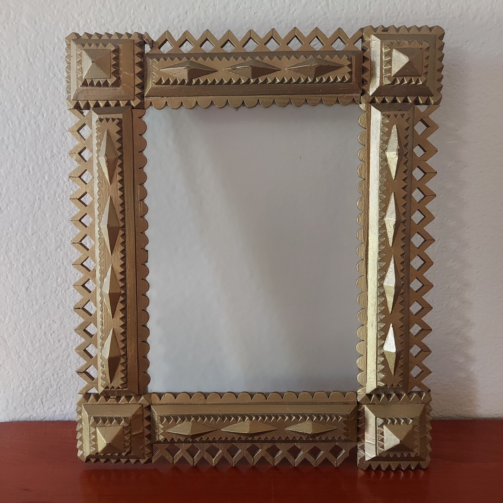 Vintage Primitive Tramp Art Style Layered Wood Picture Frame w/Glass Folk Art