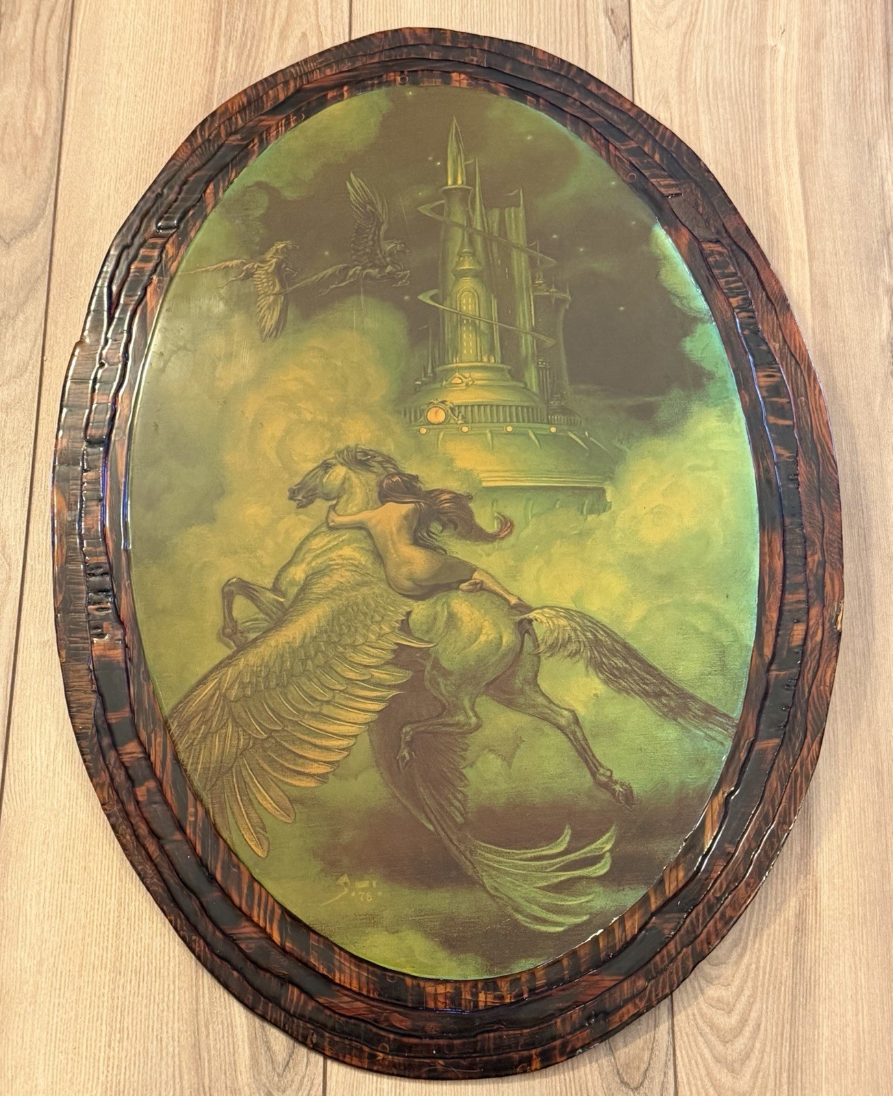 Vintage 1978 Pegasus Fantasy Celestial Castle Oval Wood Wall Plaque 20x27 70s Vintage 1978 Pegasus Fantasy Celestial Castle Oval Wood Wall Plaque 20x27 70s