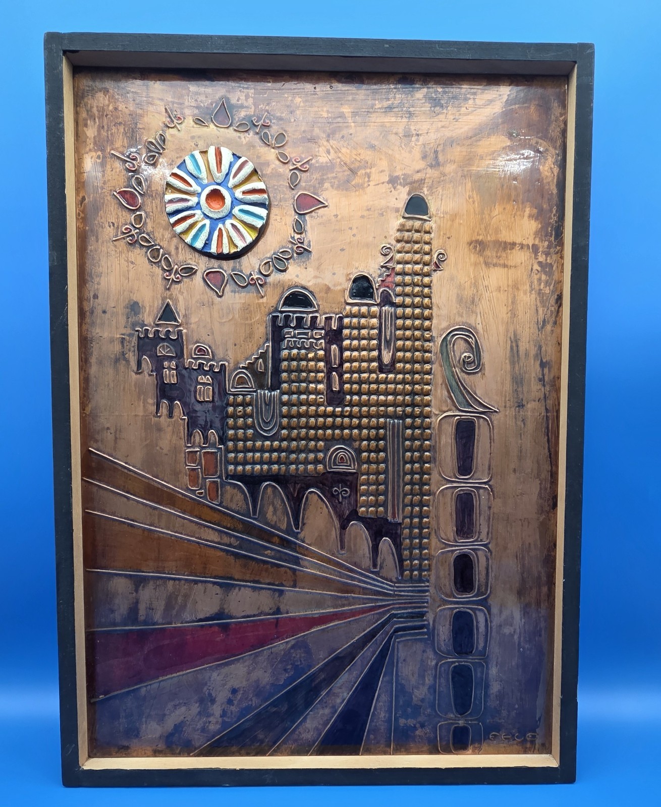 Vintage Mid Century Modern Israeli Copper Enamel Wall Art Jerusalem Plaque Fale