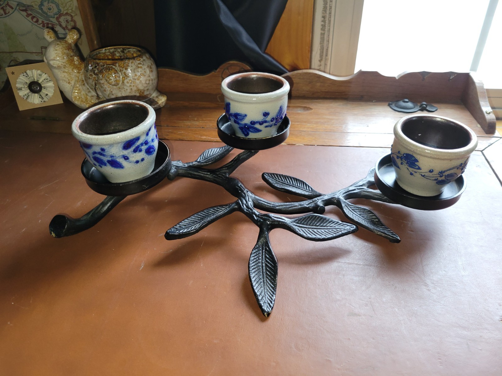 3 Salmon Falls Votives With Black Metal Leaf Candle Holder