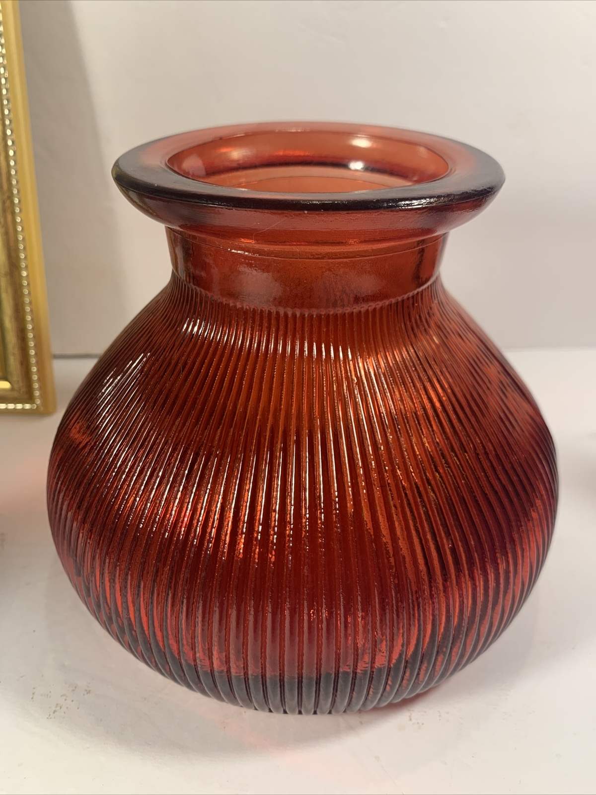 Vintage Ruby Red Flash Ribbed Squat Vase~Mid Century Art Deco~Christmas~Gift