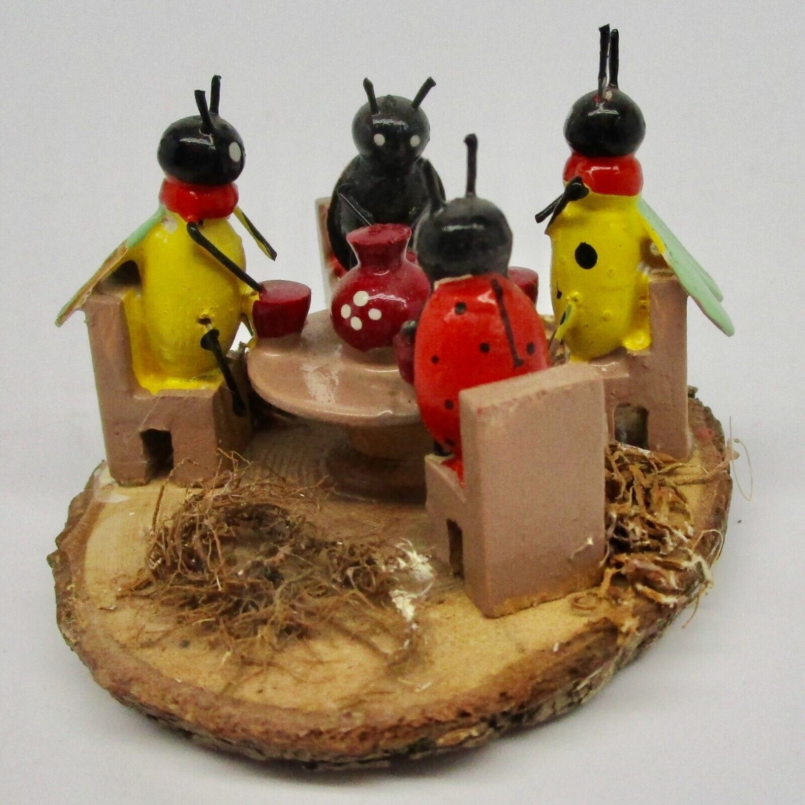 Vintage miniature ladybug bug picnic tea party scene wood Italy painted 1 1/2\