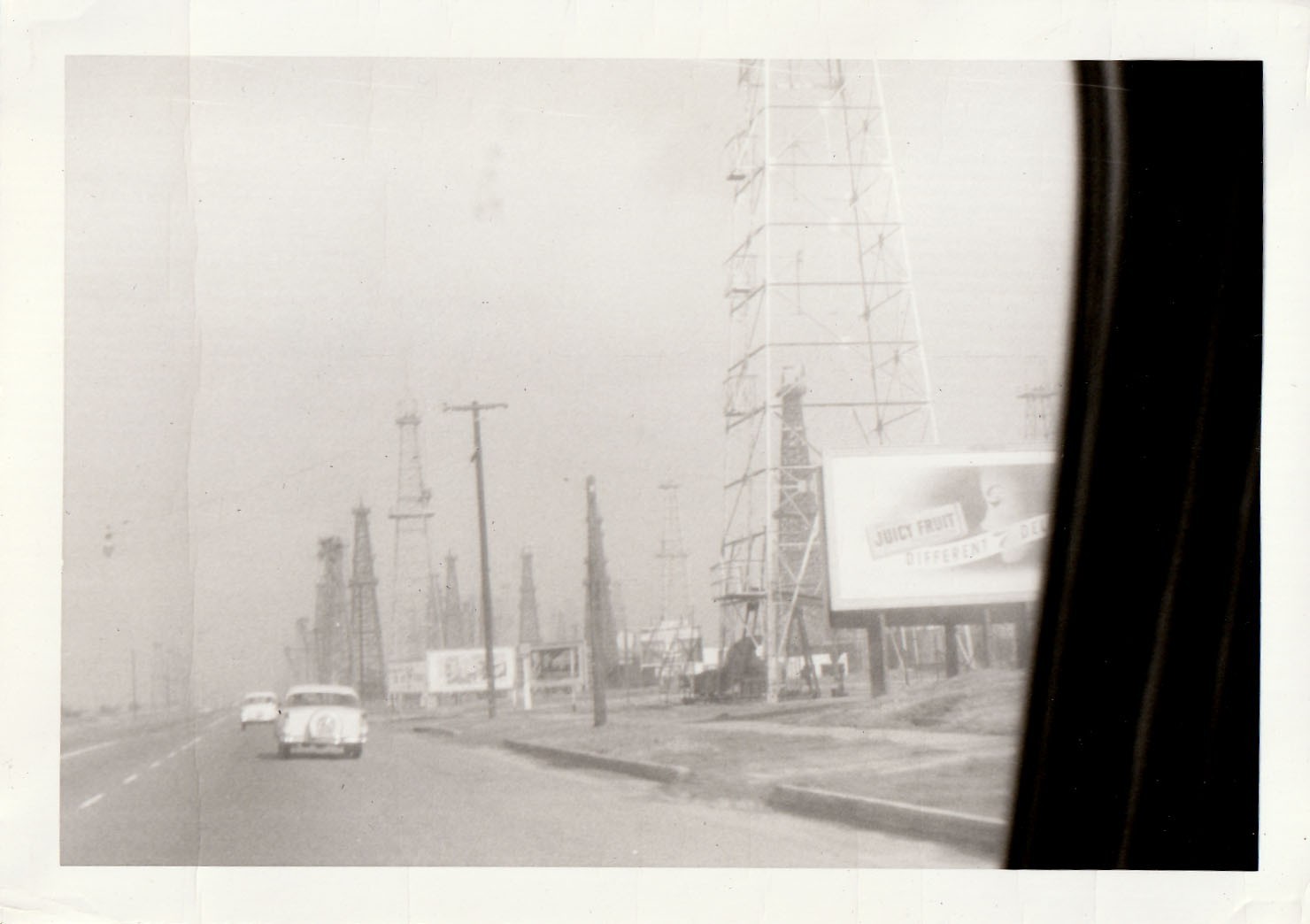 Vintage Photo 1950s Oil Well Derricks Juicy Fruit Gum Billboard Classic Cars USA