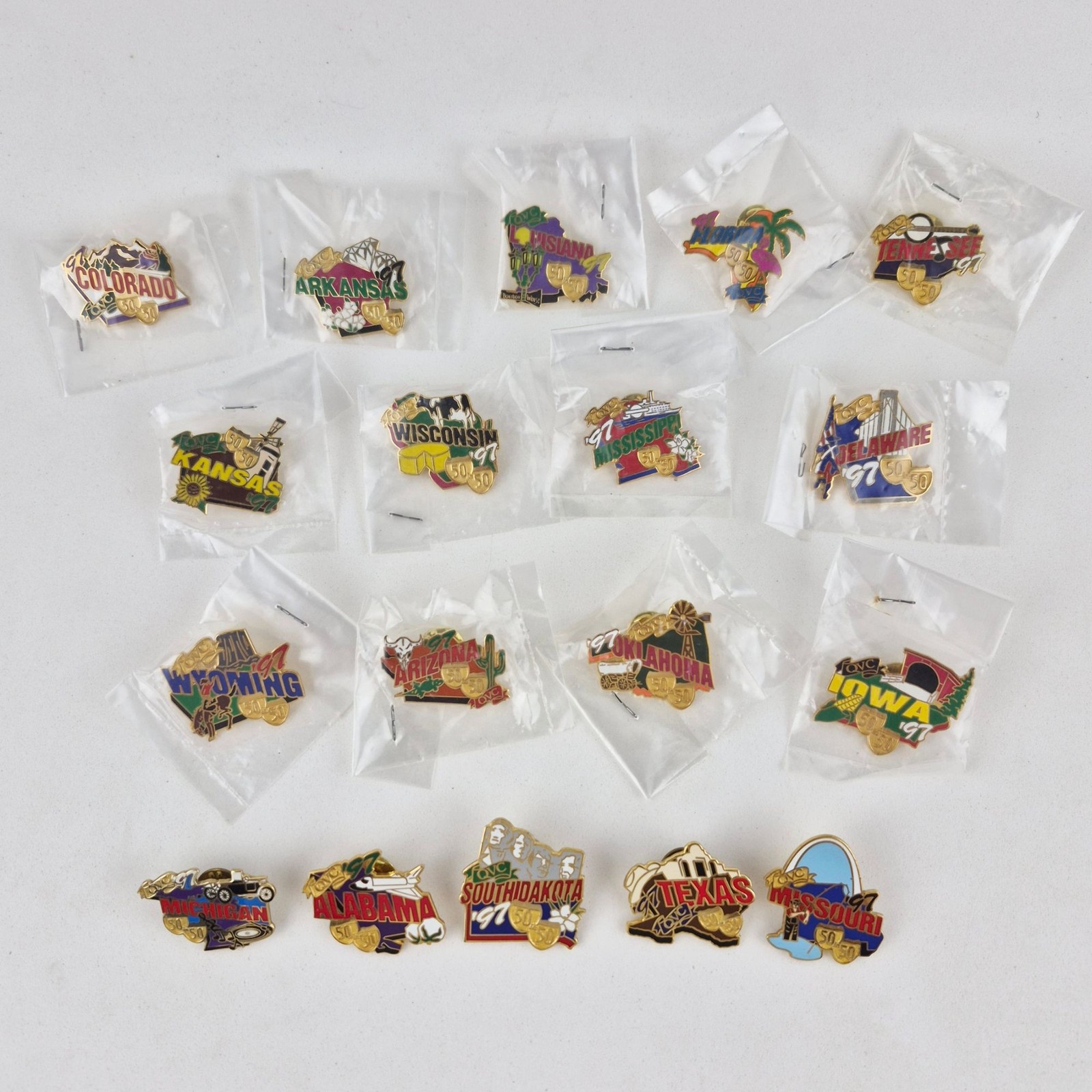 Vintage 1997 QVC 50 in 50 Tour State Travel Lapel Pins Lot of 18 Most Sealed