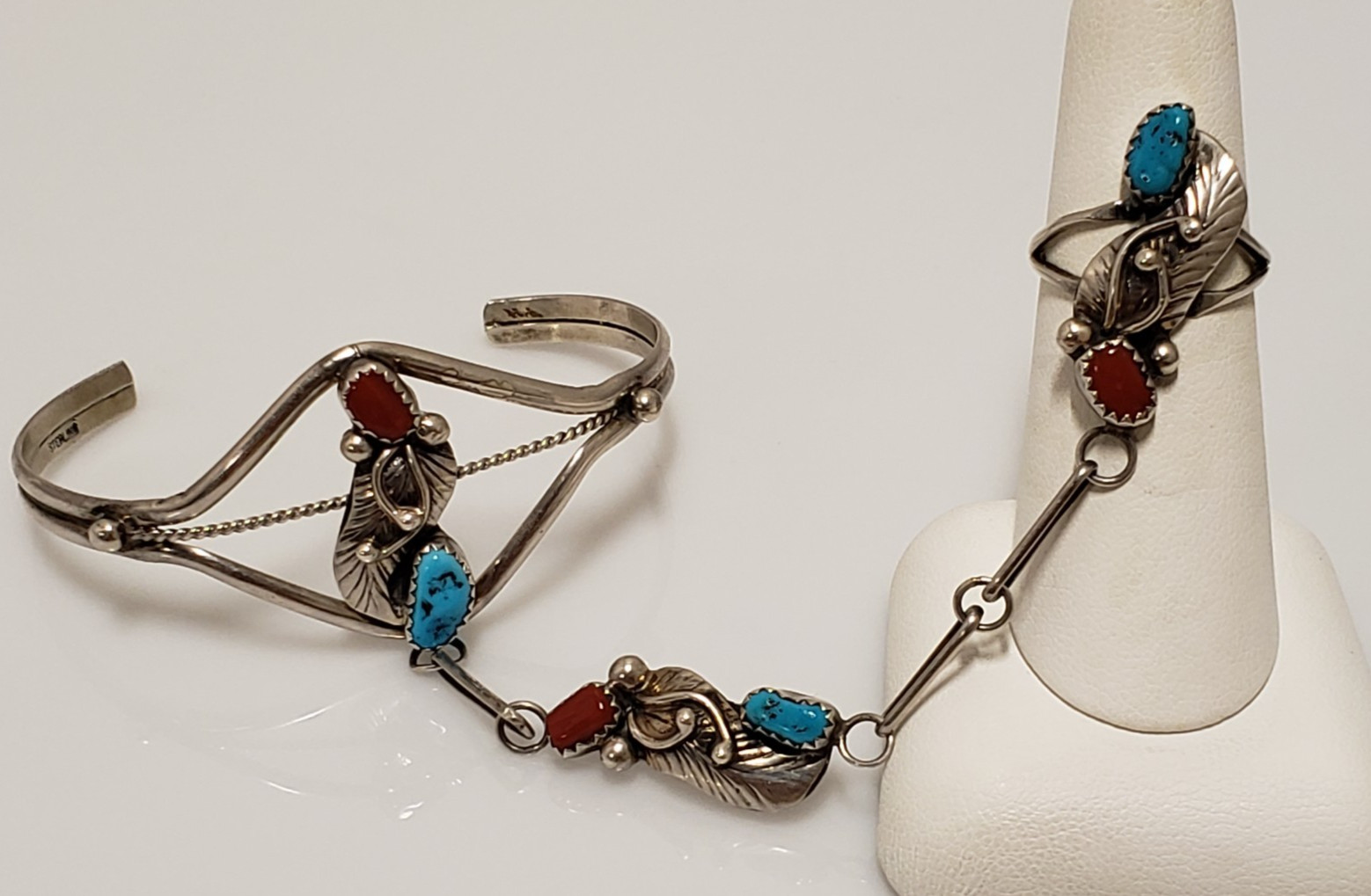 Old Pawn Native American Sterling Silver Turquoise Coral Slave Bracelet Ring 6.5
