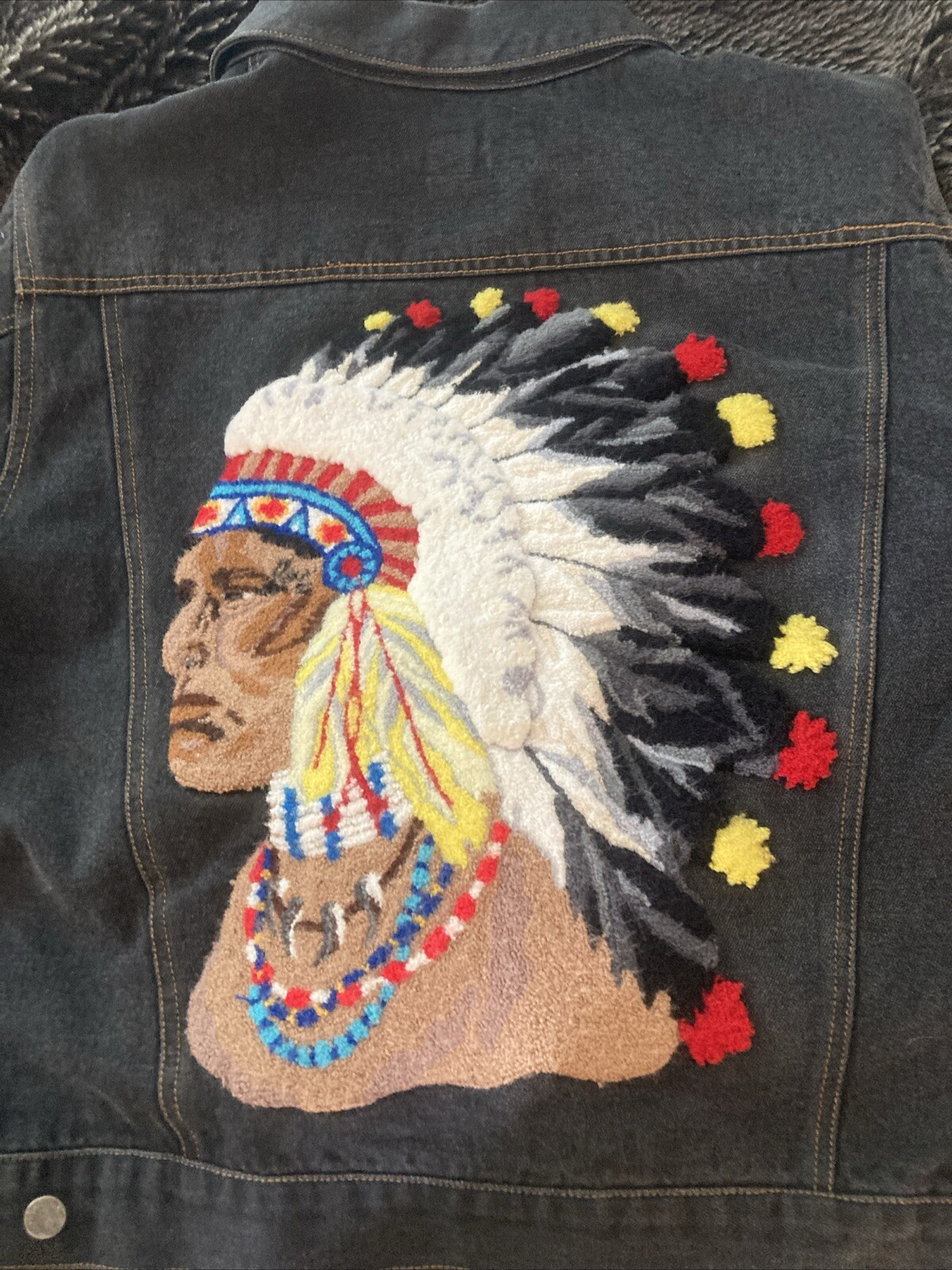 Vtg 60s 70s Expression Denim Jacket Indian Head Chief Embroidery Size Large