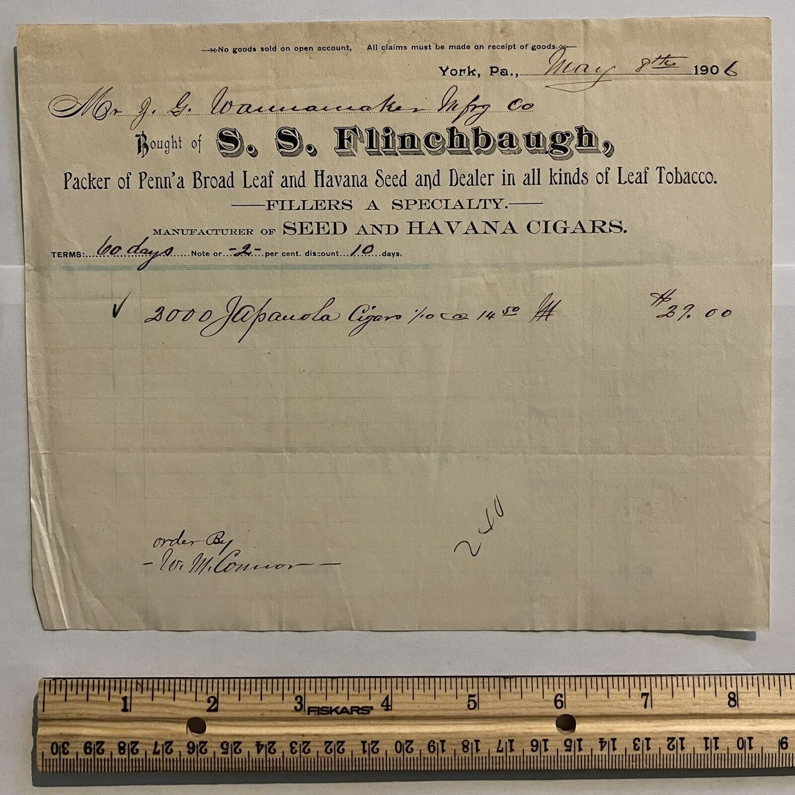 1906 S.S. FLINCHBAUGH SEED & CIGARS YORK, PA RECEIPT FOR JAPANOLA CIGARS