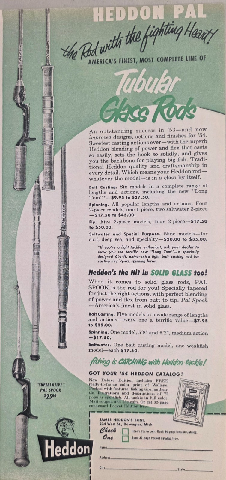 1954 Print Ad James Heddon Tubular & Solid Glass Fishing Rods Made in Dowgiac,MI