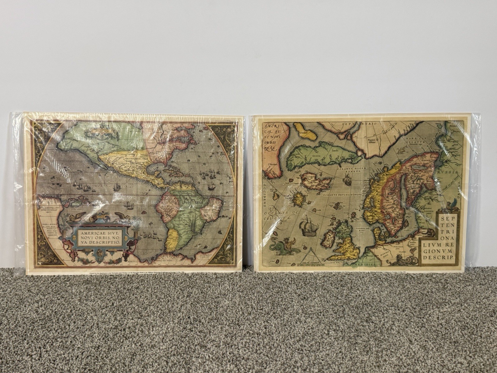 Vintage Abraham Ortelius Map Print Set 1993 OTC Houston Norway Pavilion Set of 2
