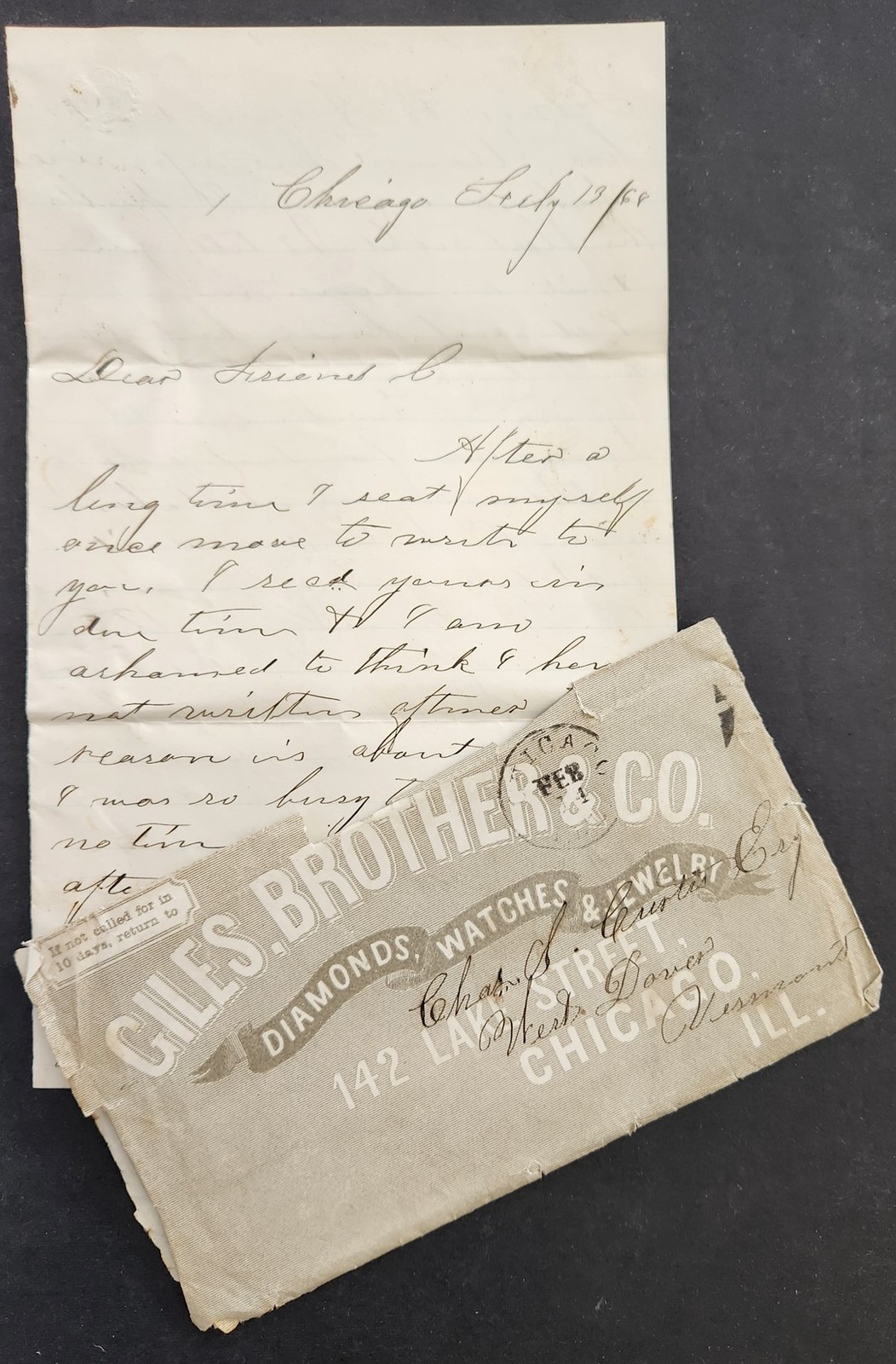 1868 antique GILES BROTHER & CO chicago il diamond watch jewelry ENV w LETTER 