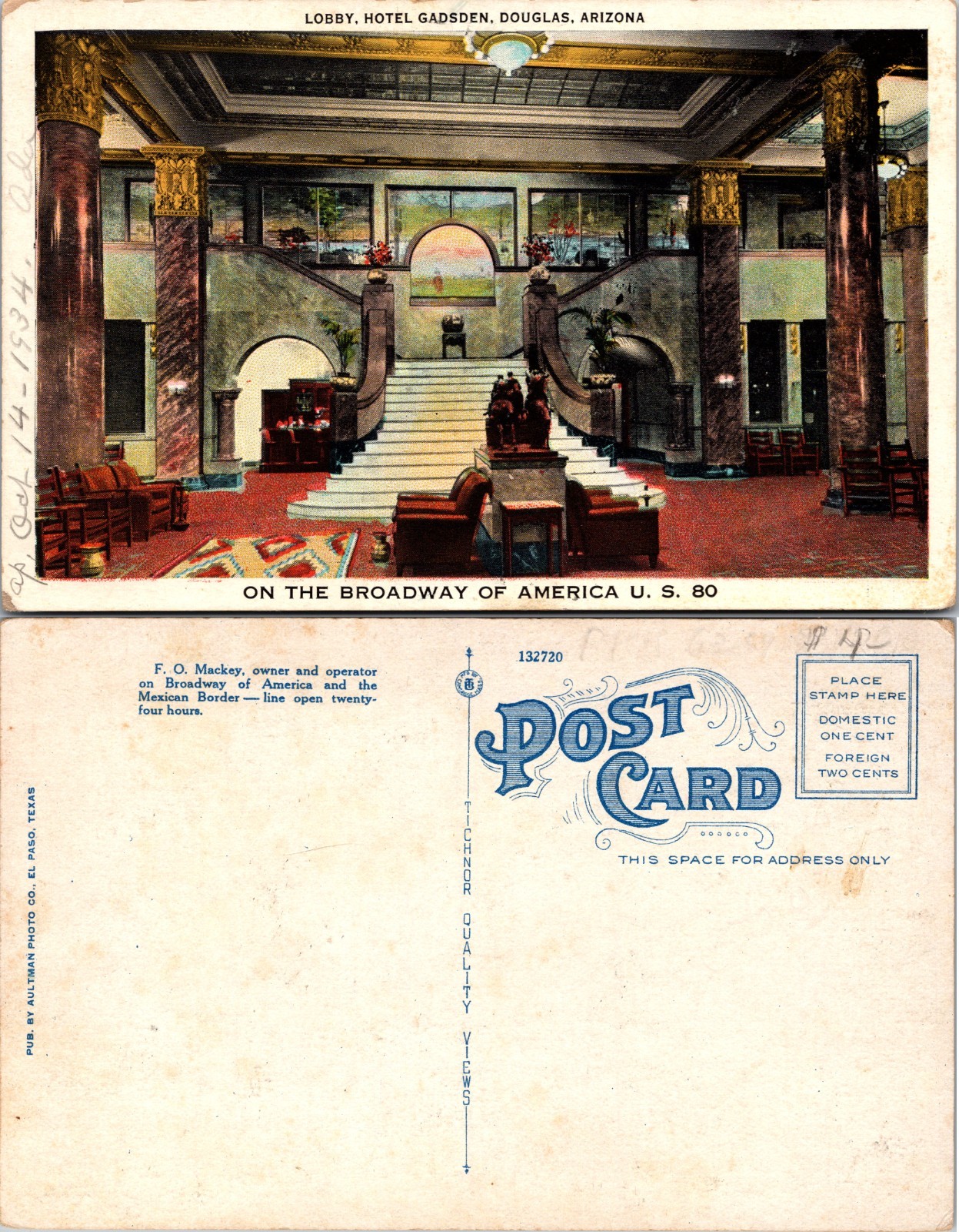 Douglas Arizona Hotel Gadsden Lobby Stairs Columns Postcard