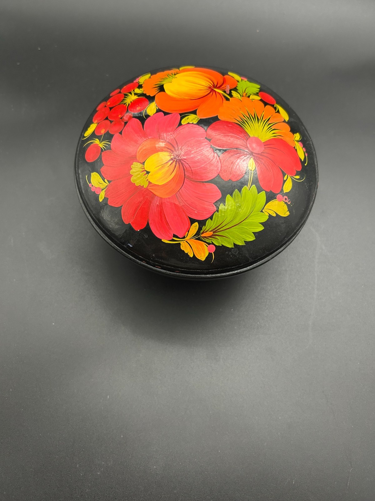 Vtg Soviet USSR Petrikovka Wood Trinket Box Hand Painted Beriozka Flower Ukraini