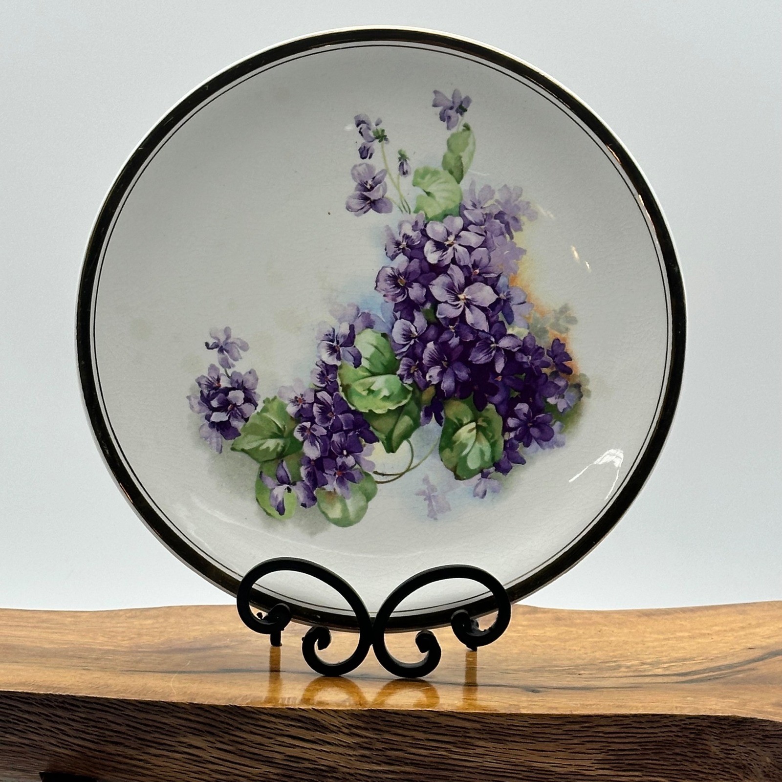 Antique H.T. & K Co Semi-Vitreous Porcelain Plate Purple Violets Gold Rim 10.25\