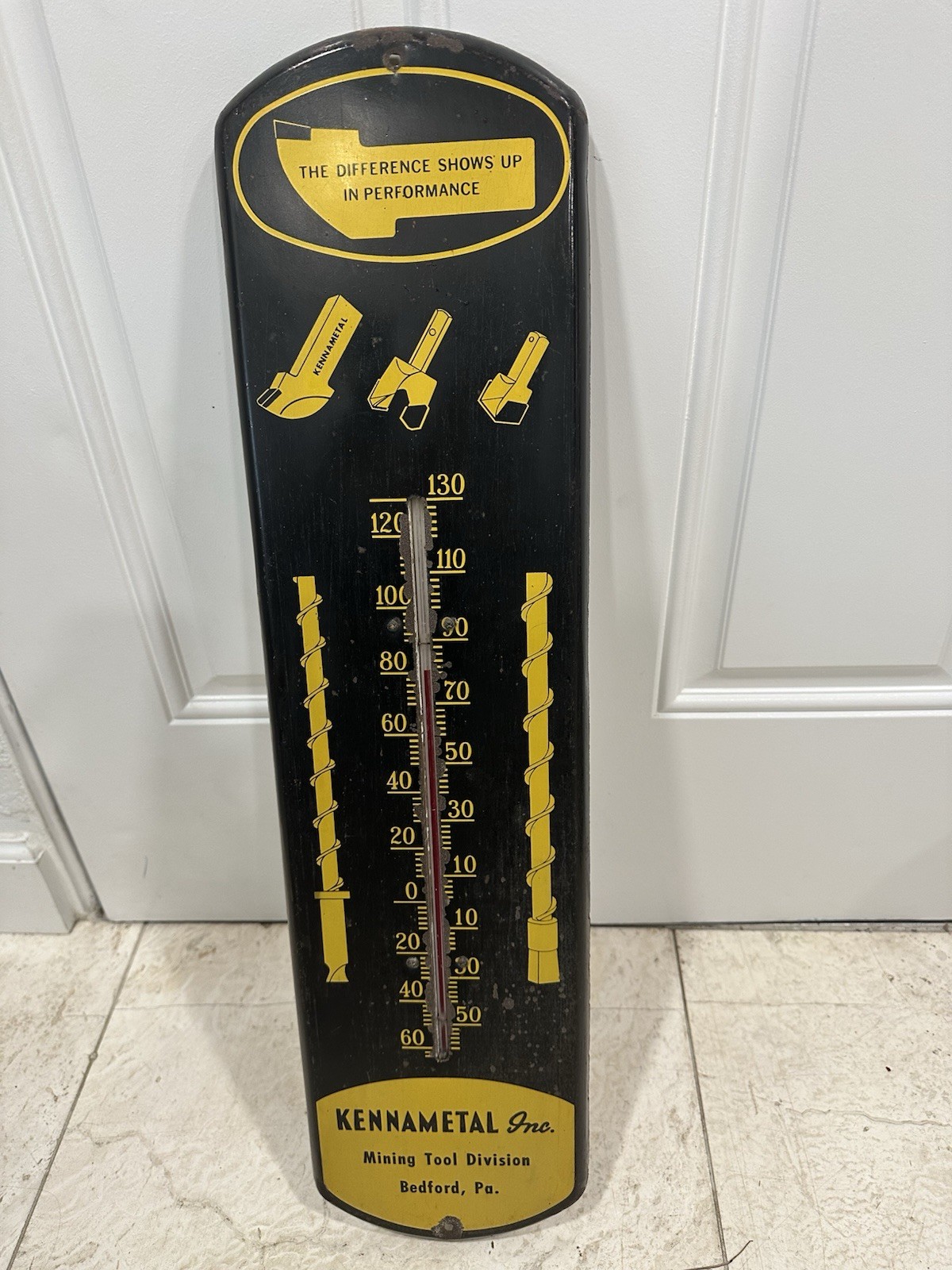 Vintage KENNAMETAL COAL MINING TOOLS Painted Tin Thermometer Original Bedford Pa