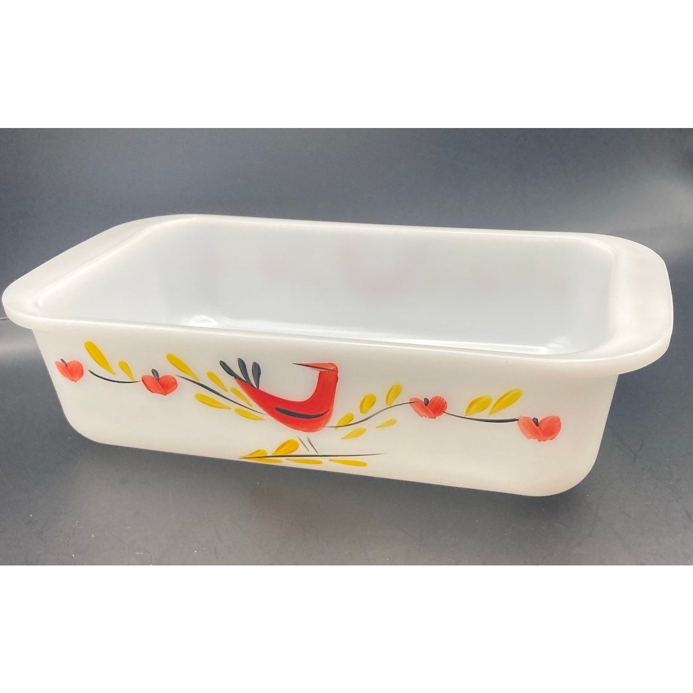 VTG Very Rare Fire King Distelfink Milk Glass Pan Red Bird Anchor Hocking *READ*